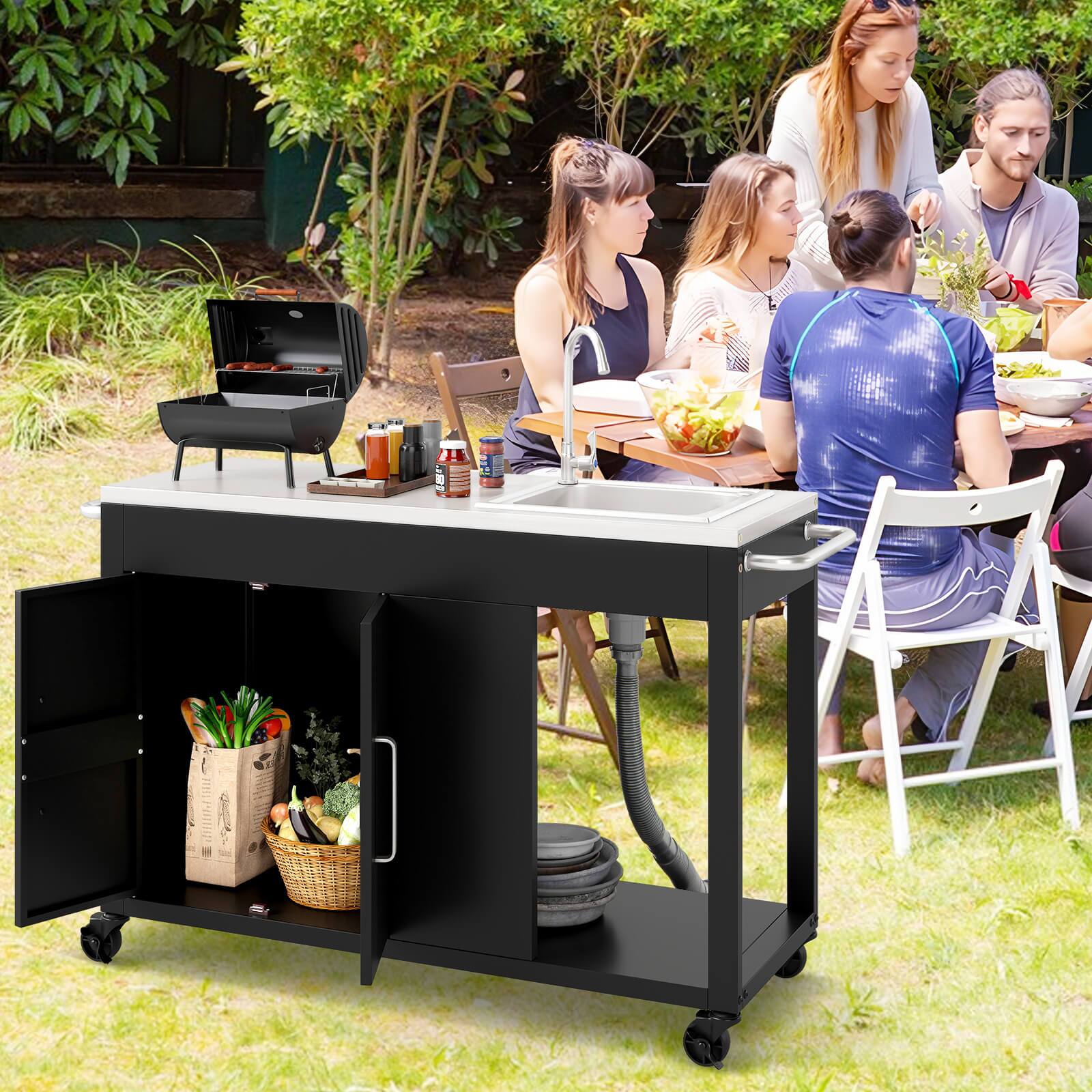 Alt View 1. Costway - Costway 56" Outdoor Grill Table with Sink & Drainage with Stainless Steel Top - Black.