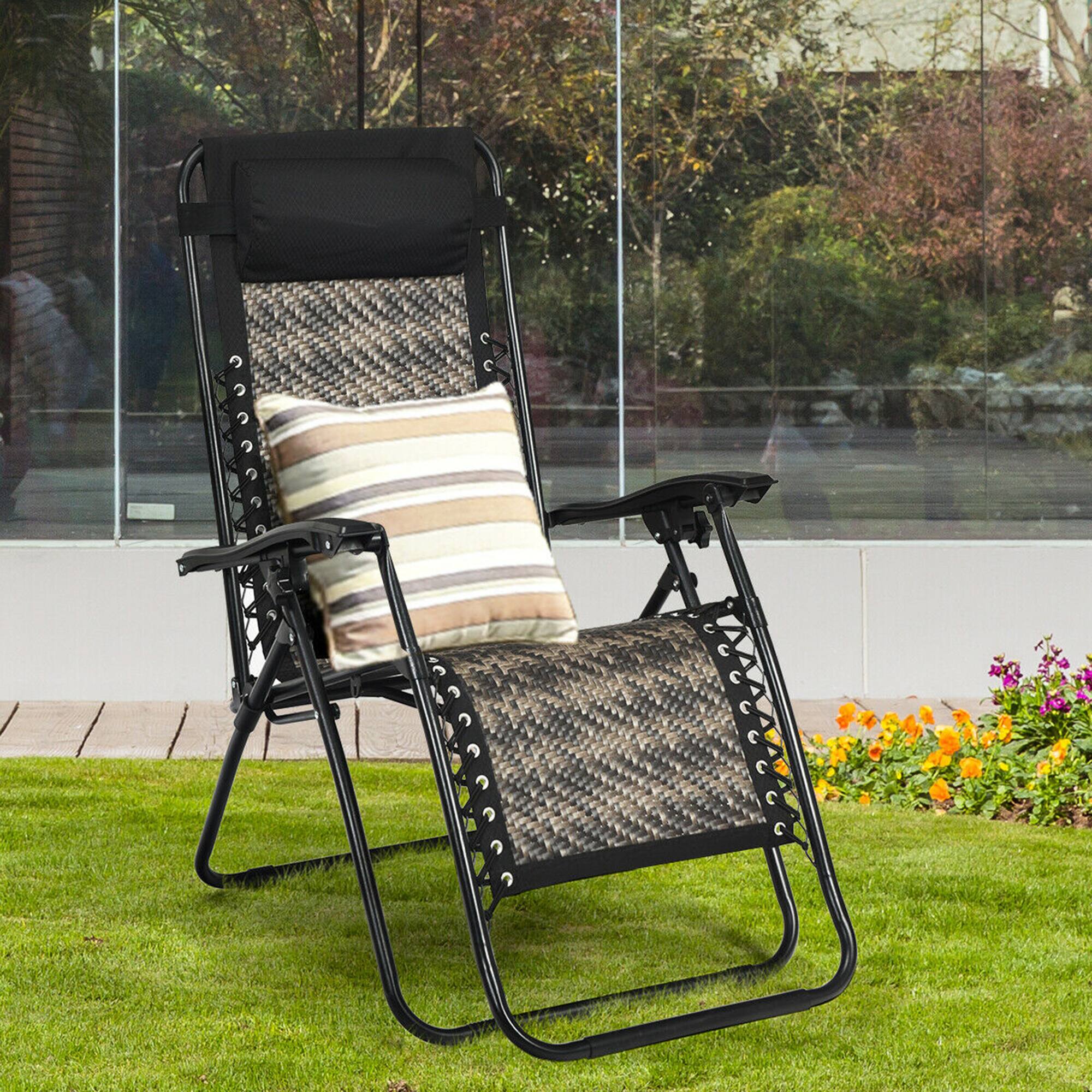 Front. Gymax - Gymax Folding Rattan Patio Zero Gravity Lounge Chair Recliner with Headrest - Gray.