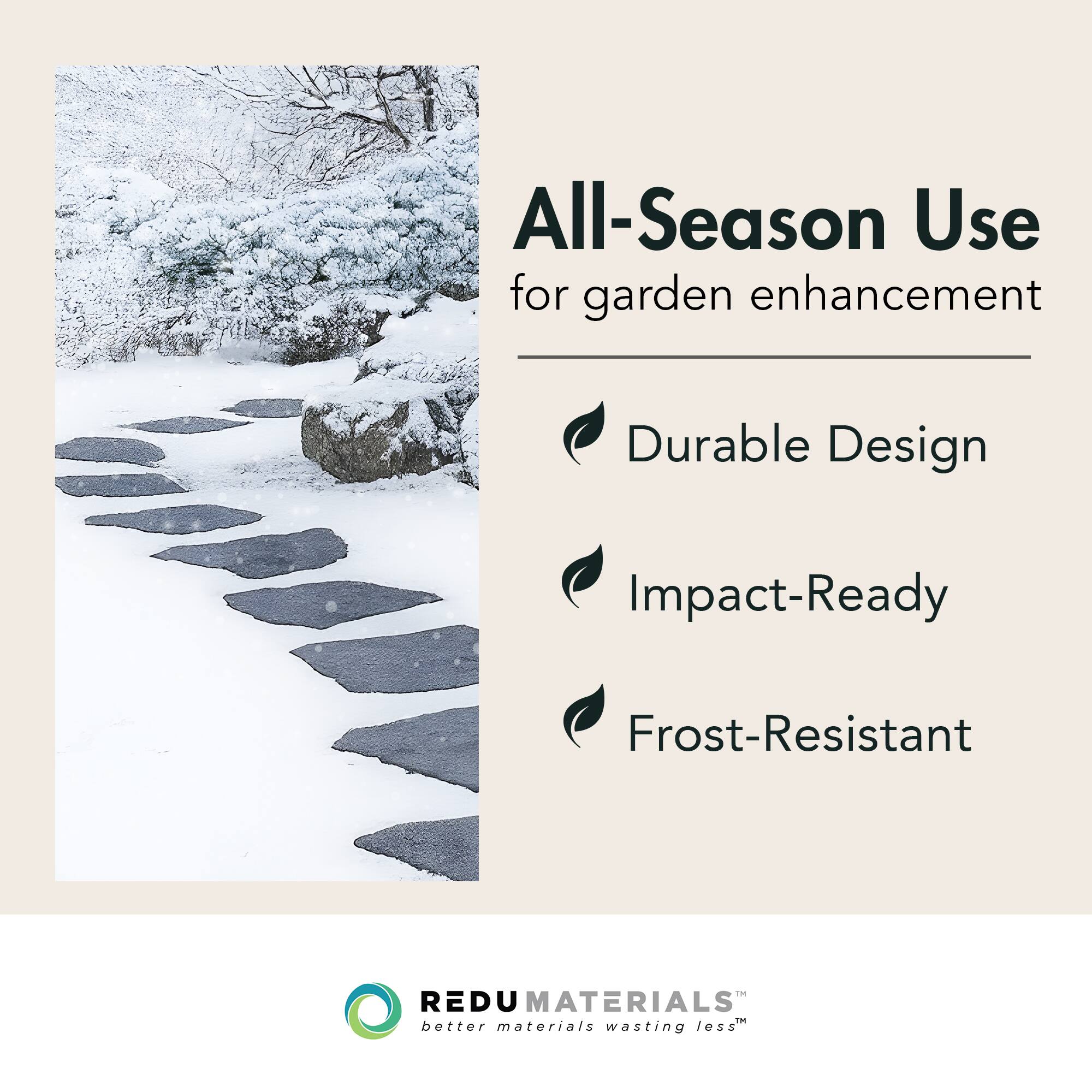 All-Season Use  
for garden enhancement

- Durable Design
- Impact-Ready
- Frost-Resistant

REDU MATERIALS  
better materials wasting less