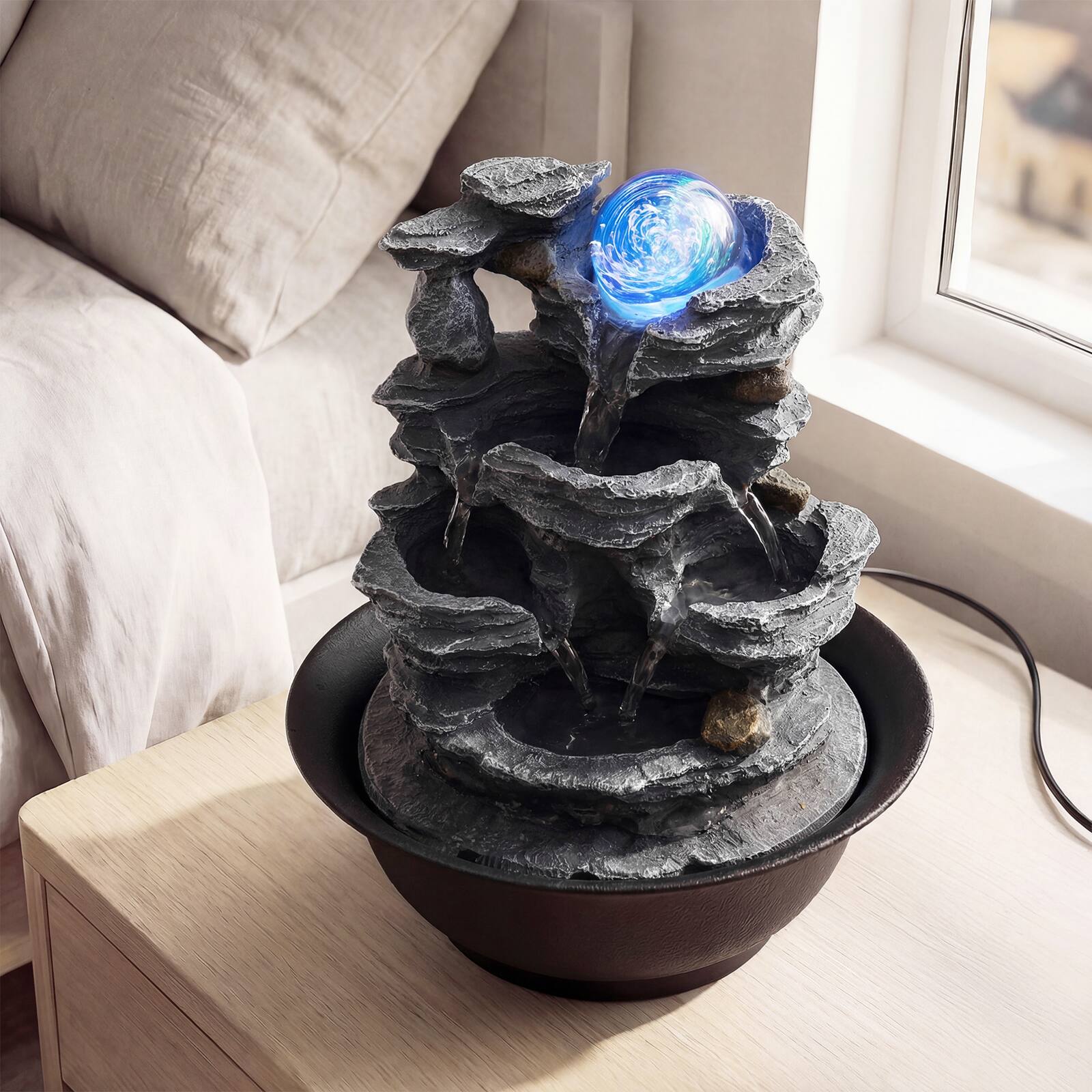 Alt View 4. Gymax - Gymax Tabletop Water Fountain w/Rolling Crystal Ball Color-Changing LED Light Pump - Black.