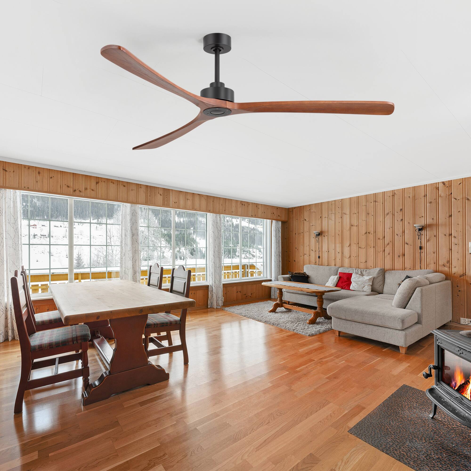 Alt View 1. Breezary - 72-Inch No-Light Ceiling Fan with 3 Wood Blades, DC Motor, 6''&12'' Downrods, 6-Speed Remote Control & Timer - Matte Black and Red.