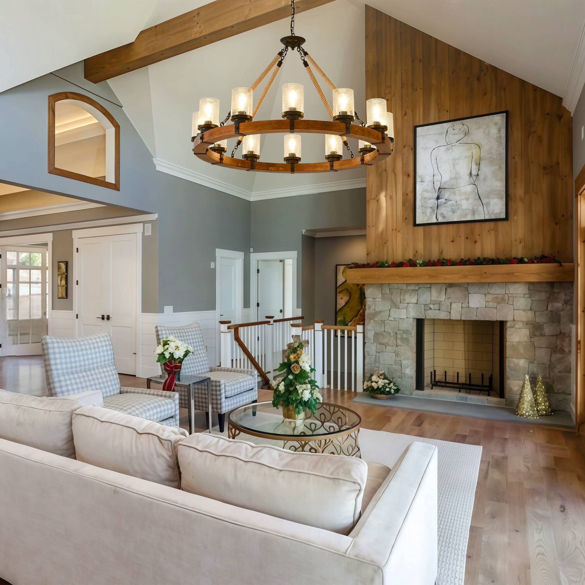 Alt View 1. RYHNUYNE - 12 Light Rustic Wagon Wheel Chandelier,Farmhouse Dining Room Light Fixture with Seeded Glass Shade,Round Wood Chandelier - Brown.