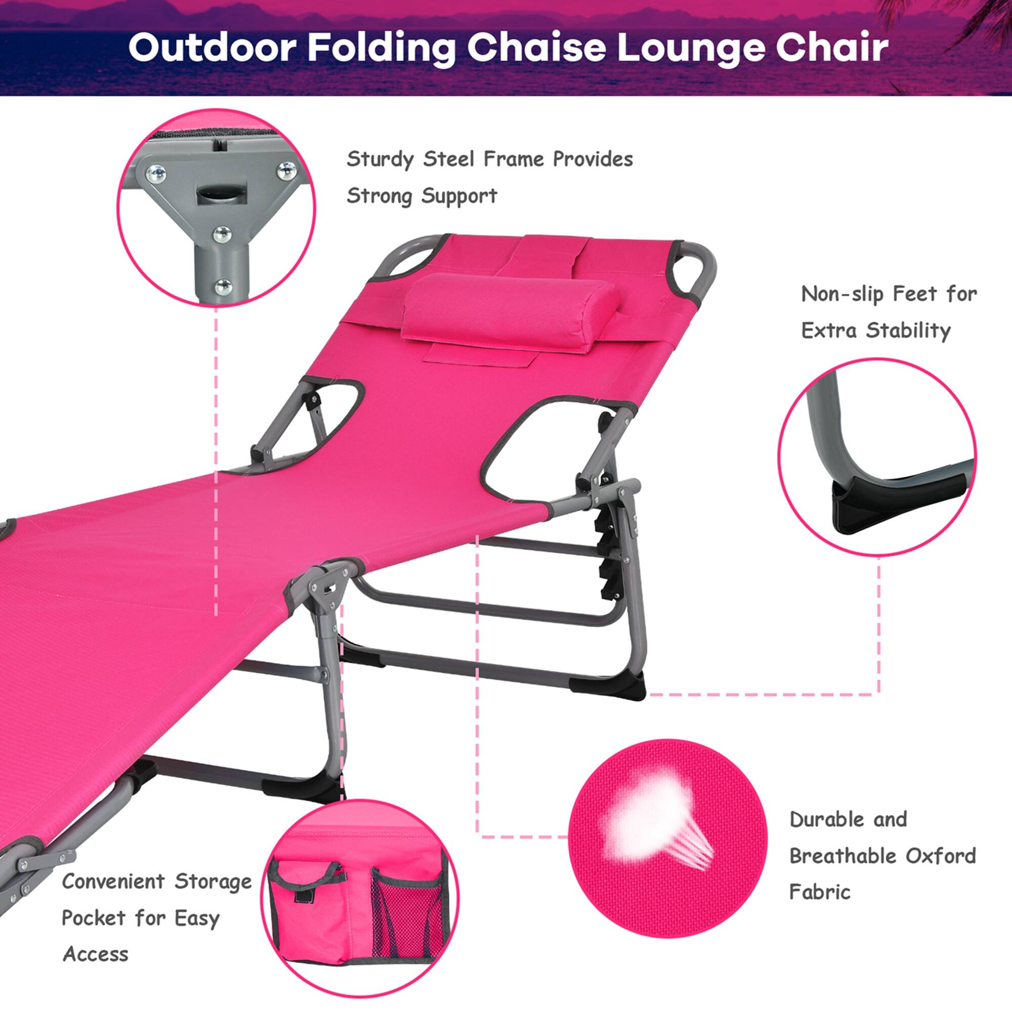 Outdoor Folding Chaise Lounge Chair

- Sturdy Steel Frame Provides Strong Support
- Non-slip Feet for Extra Stability
- Convenient Storage Pocket for Easy Access
- Durable and Breathable Oxford Fabric