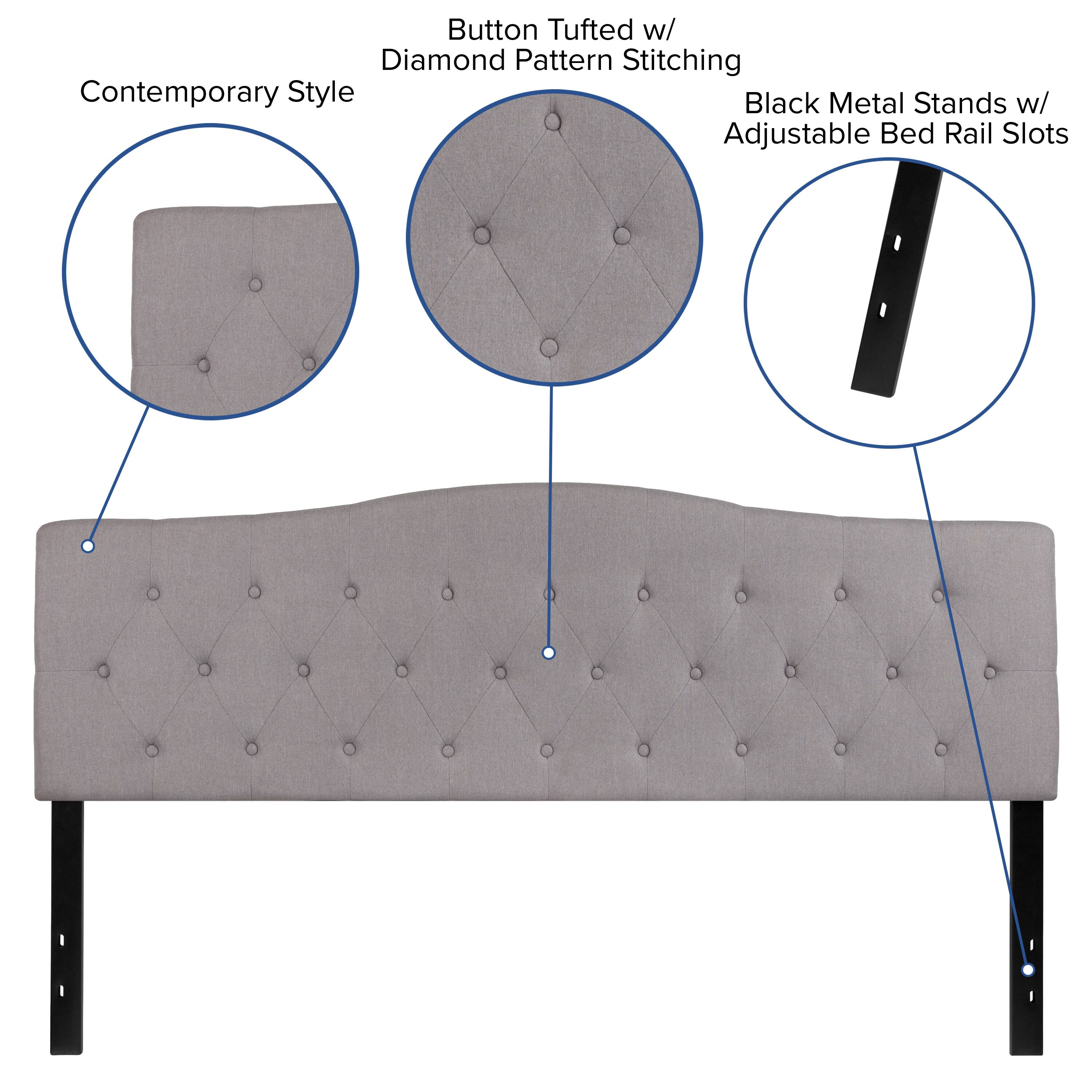 Button Tufted w/ Diamond Pattern Stitching  
Contemporary Style  
Black Metal Stands w/ Adjustable Bed Rail Slots