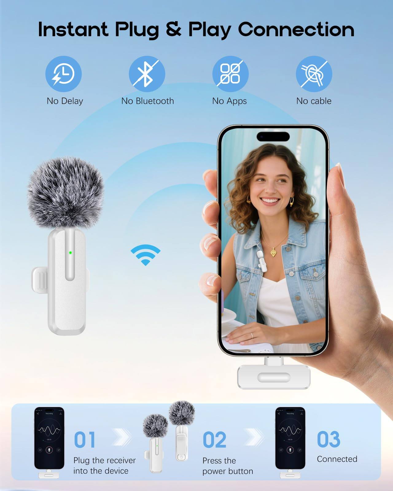 Instant Plug & Play Connection

- No Delay
- No Bluetooth
- No Apps
- No cable

1. Plug the receiver into the device
2. Press the power button
3. Connected