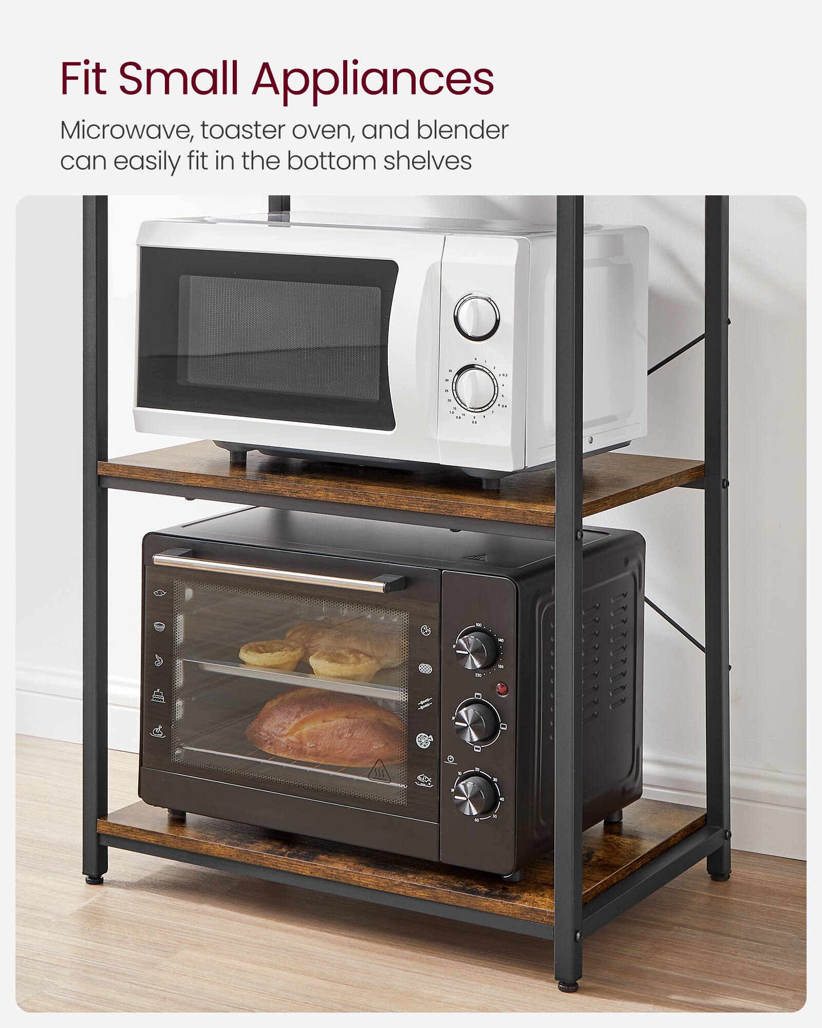 Fit Small Appliances

Microwave, toaster oven, and blender can easily fit in the bottom shelves