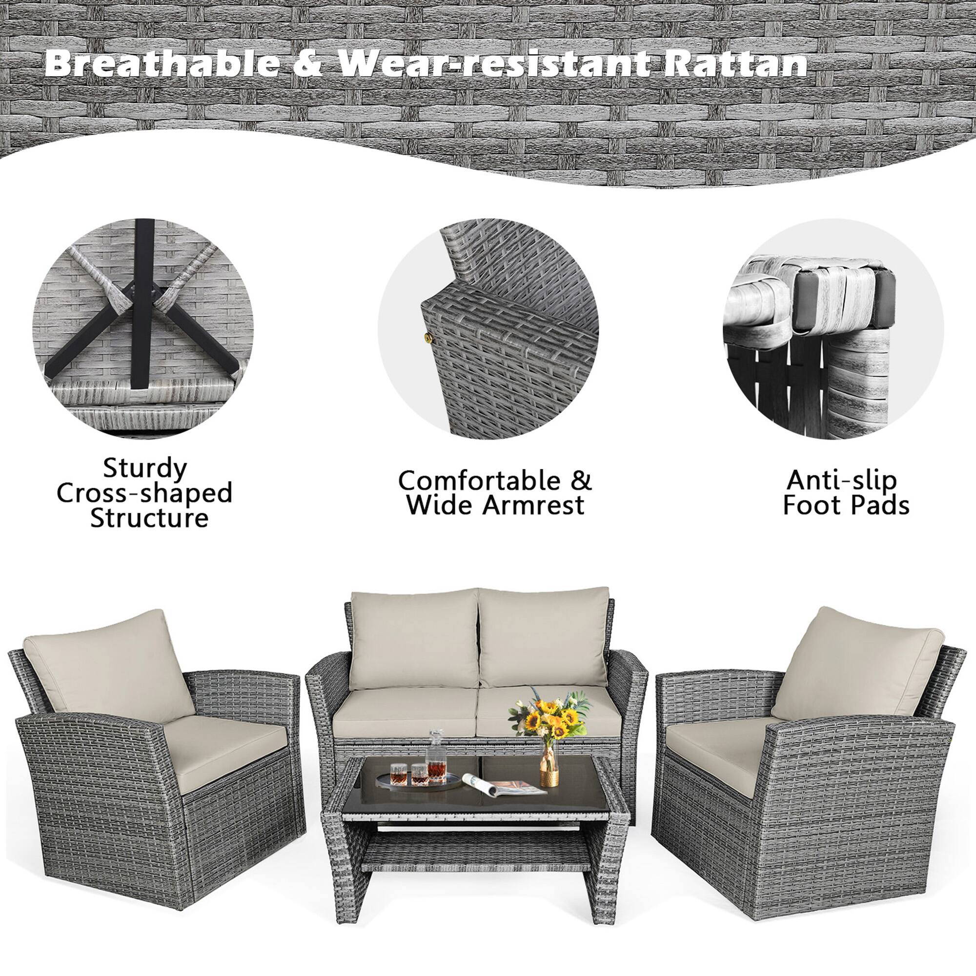 Breathable & Wear-resistant Rattan, Sturdy Cross-shaped Structure, Comfortable & Wide Armrest, Anti-slip Foot Pads