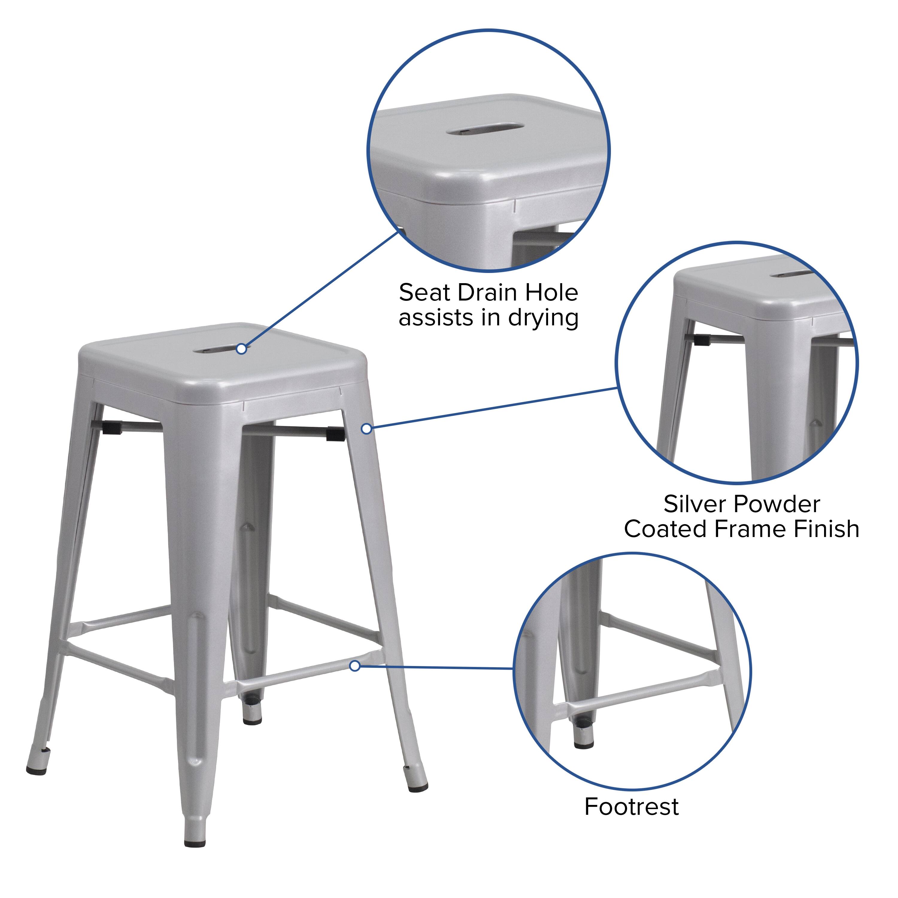 Seat Drain Hole assists in drying  
Silver Powder Coated Frame Finish  
Footrest
