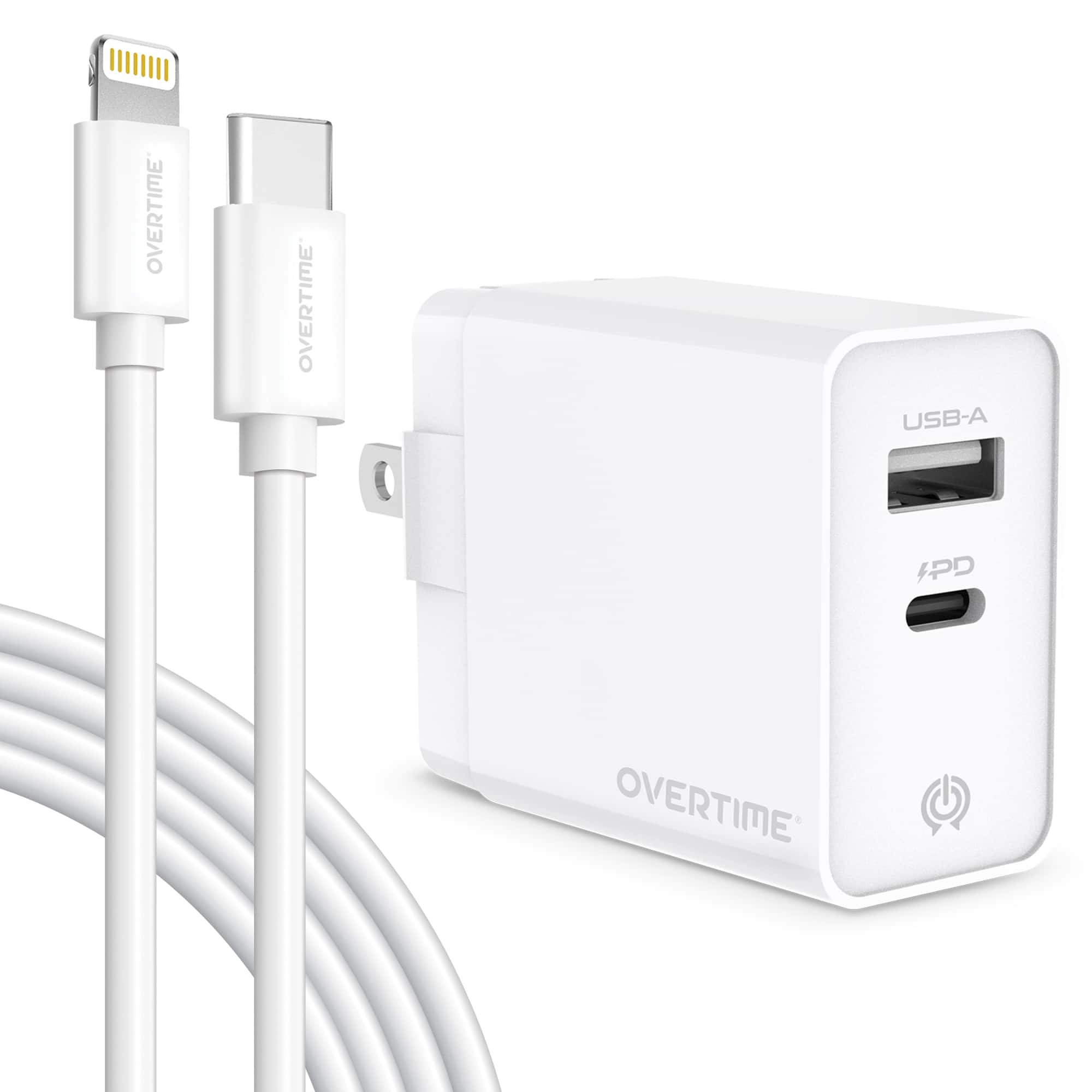 Overtime - 38W USB-C Wall Charger with Apple MFI Certified 6ft USB-C to Lightning Cable for iPhone and iPad, White - White