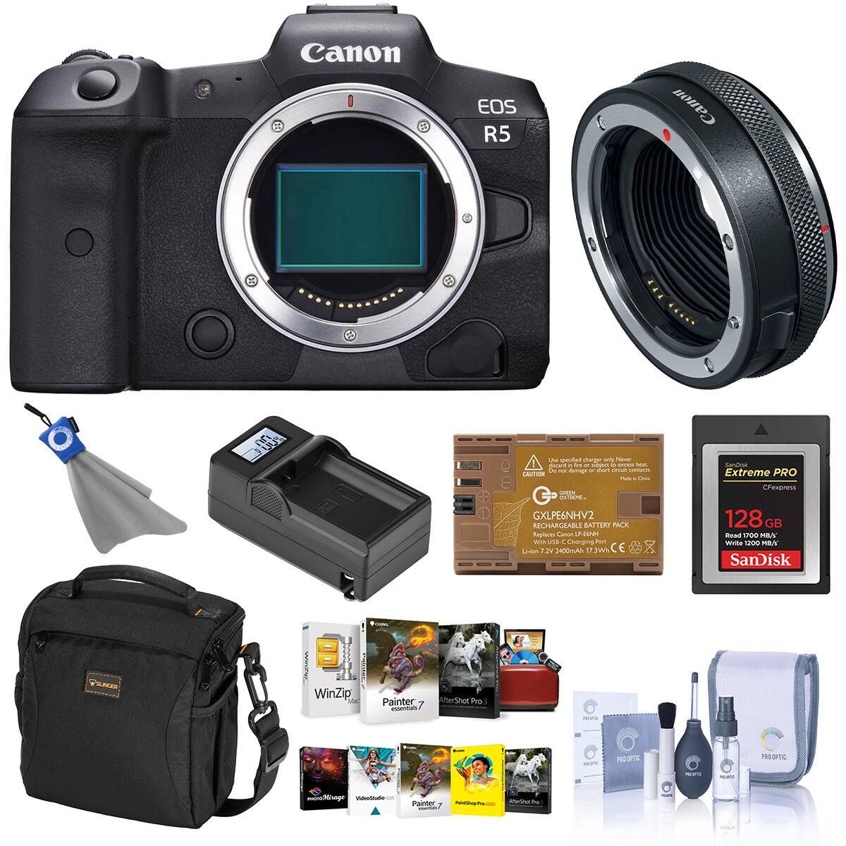 Canon EOS R5

Canon
00%

Use specified charger only. Never guard - fre or subject D DIOSS heat De not damage or short circuit contacts CAUTION Made Chria GREEN EXTREME GXLPE6NHV2 RECHARGEABLI BATTERY PACK Replaces Canon LP-EINH F  USB- Charging Port Li-ion 7.2V 2400mAh  CE

SanDisk Extreme PRO CFexpress 128GB Read 1700 MBA Write 1200 MB/6 SanDisk

FSUNGER

WinZip

Painter essentials

rShot Pro

HOOTE

-

PRO OPIC
PROOPTIC

16:00
hage Videoside
Painter PhintShopp Pro.com ORIO AlheShot Pro) 7 INGREDIENT
-
zza