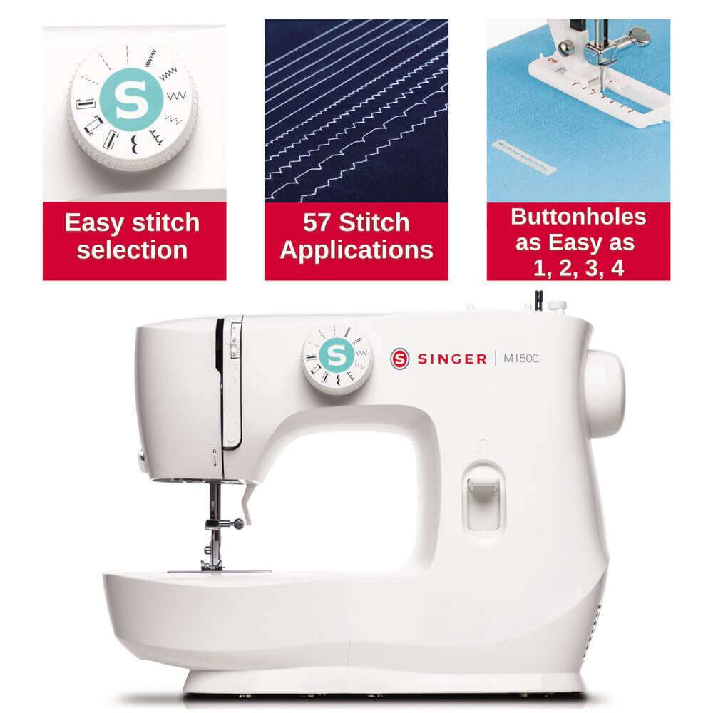 Easy stitch selection  
57 Stitch Applications  
Buttonholes as Easy as 1, 2, 3, 4  

SINGER M1500