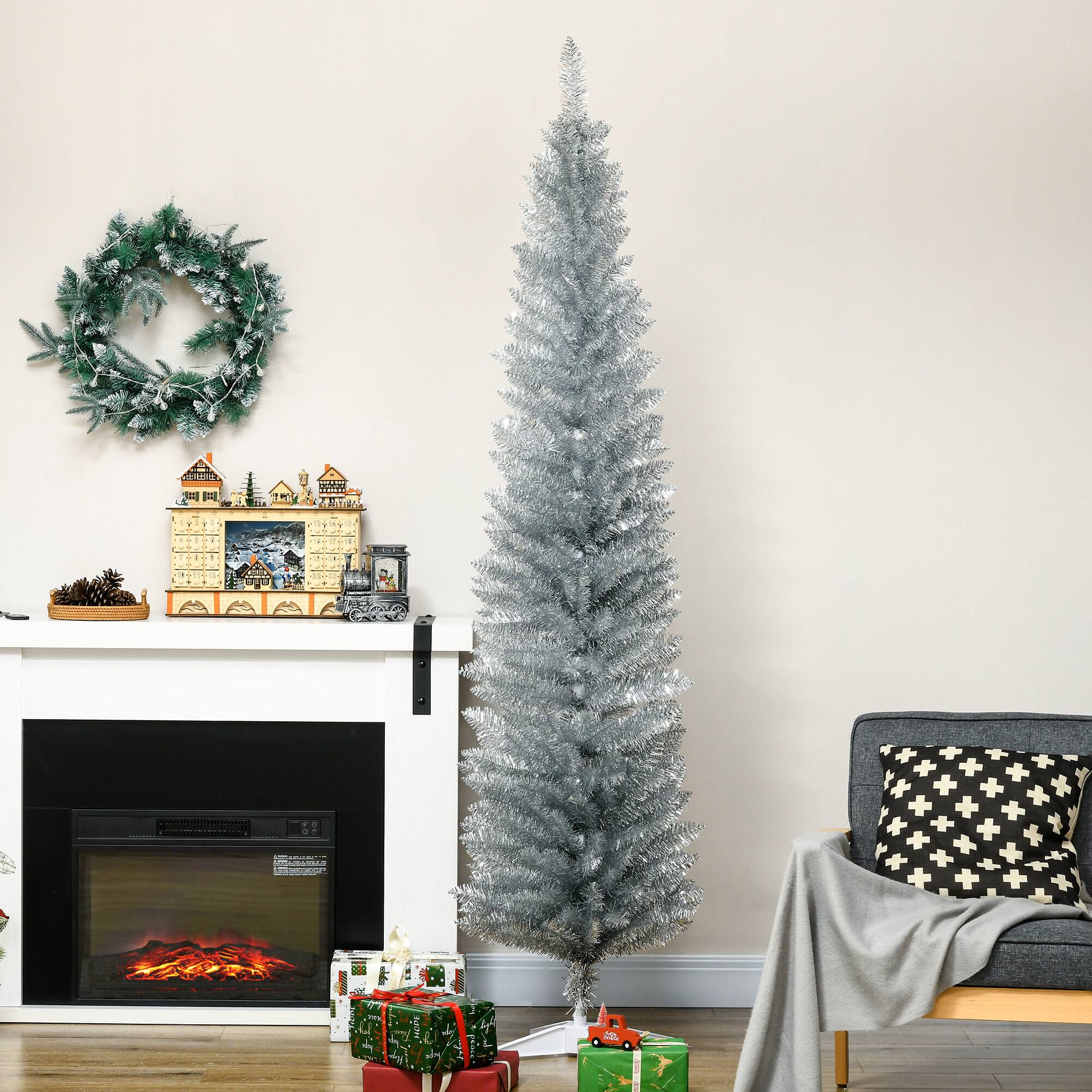 Alt View 1. Homcom - Artificial Pencil Christmas Tree, Slim Xmas Tree with 499 Realistic Branch Tips and Plastic Stand - silver.