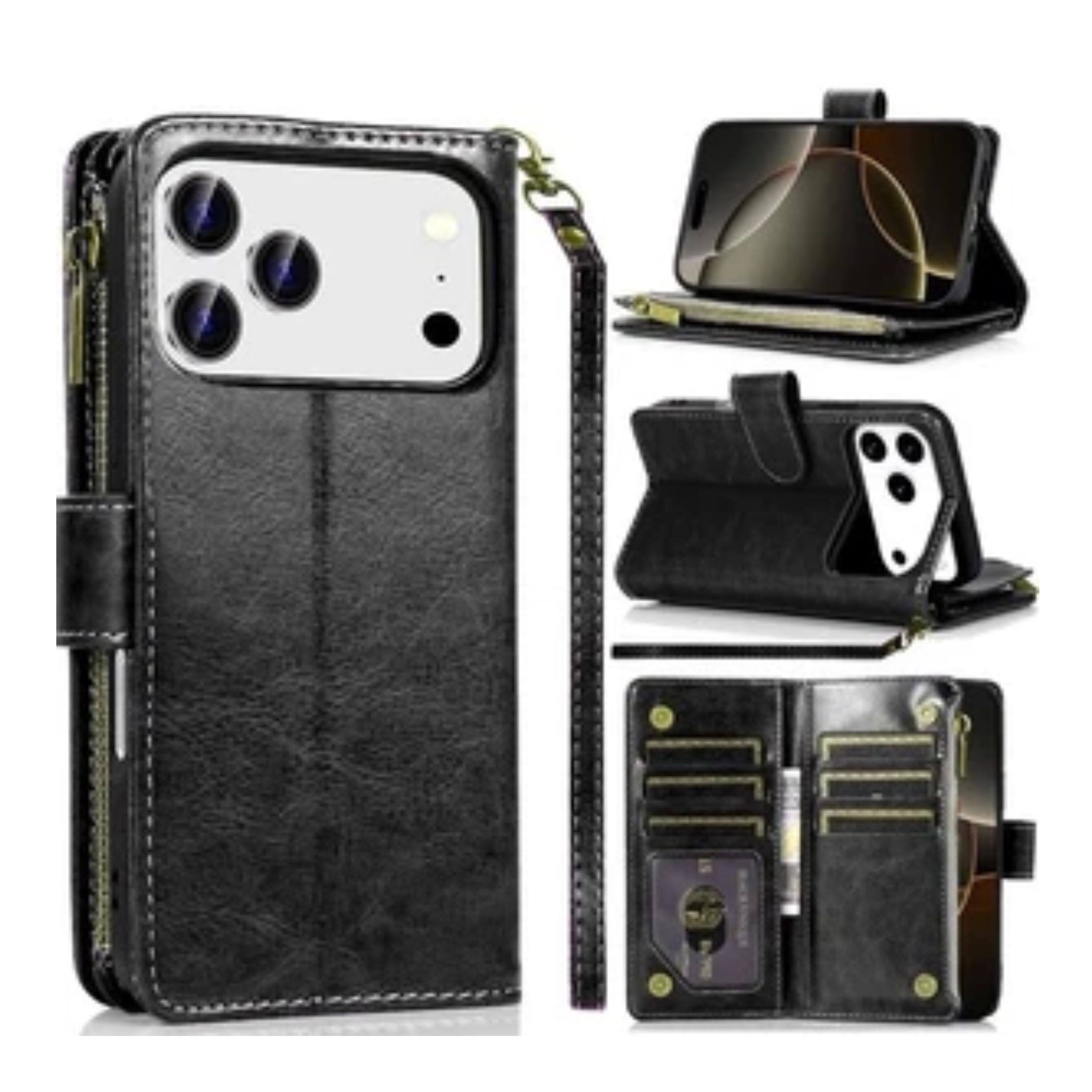 Angle. Kitcheniva - PU Leather Phone Wallet Zipper With Tempered Glass For iPhone 17 Pro Black - Black.