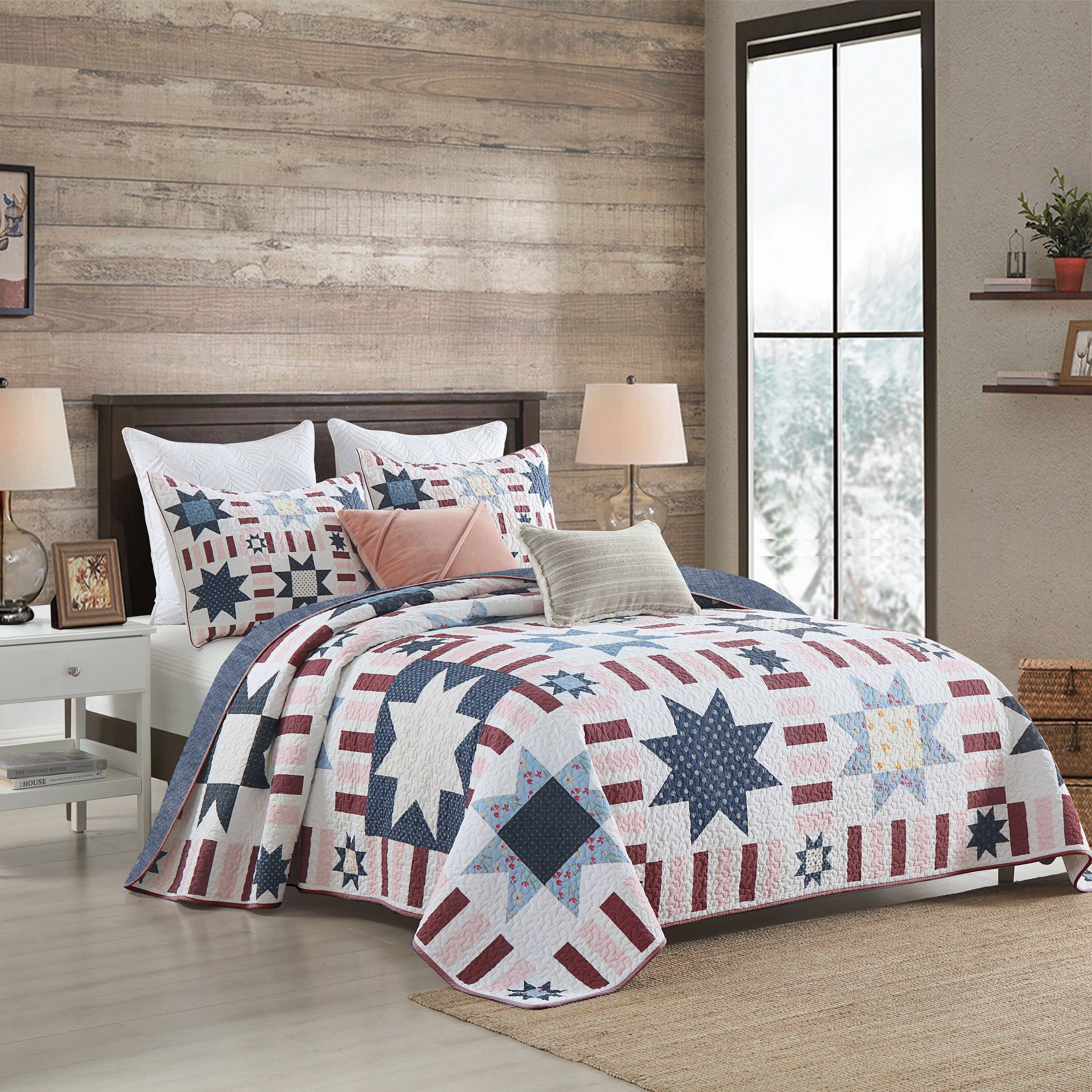 Angle. MarCielo - Marcielo 3 Piece Independence Day Reversible Star Quilt Set Bedspread Set - Navy.
