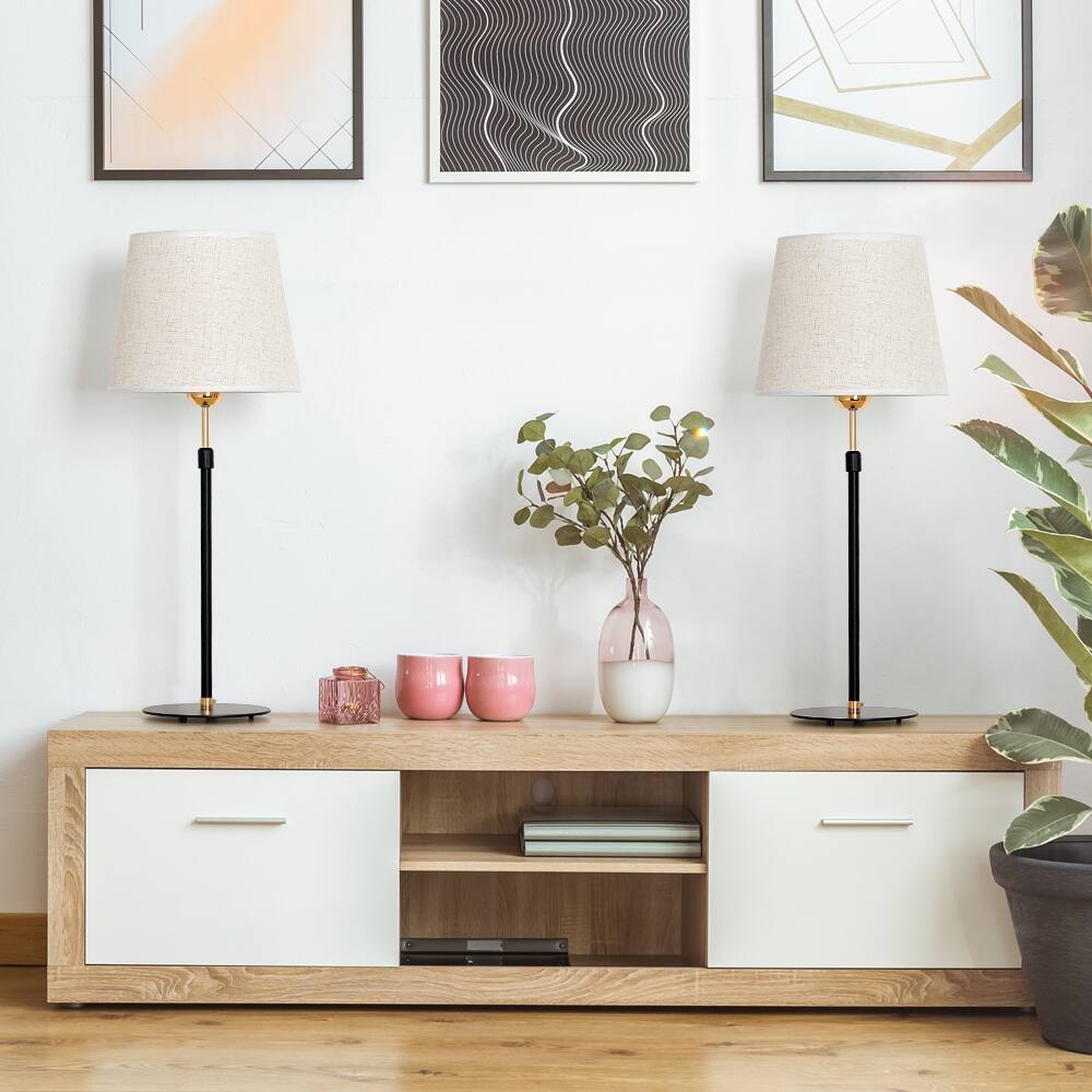 Alt View 2. Oumilen - 2-Pack Adjustable Height Table Lamps with Round Iron Bases & Beige Fabric Shades.
