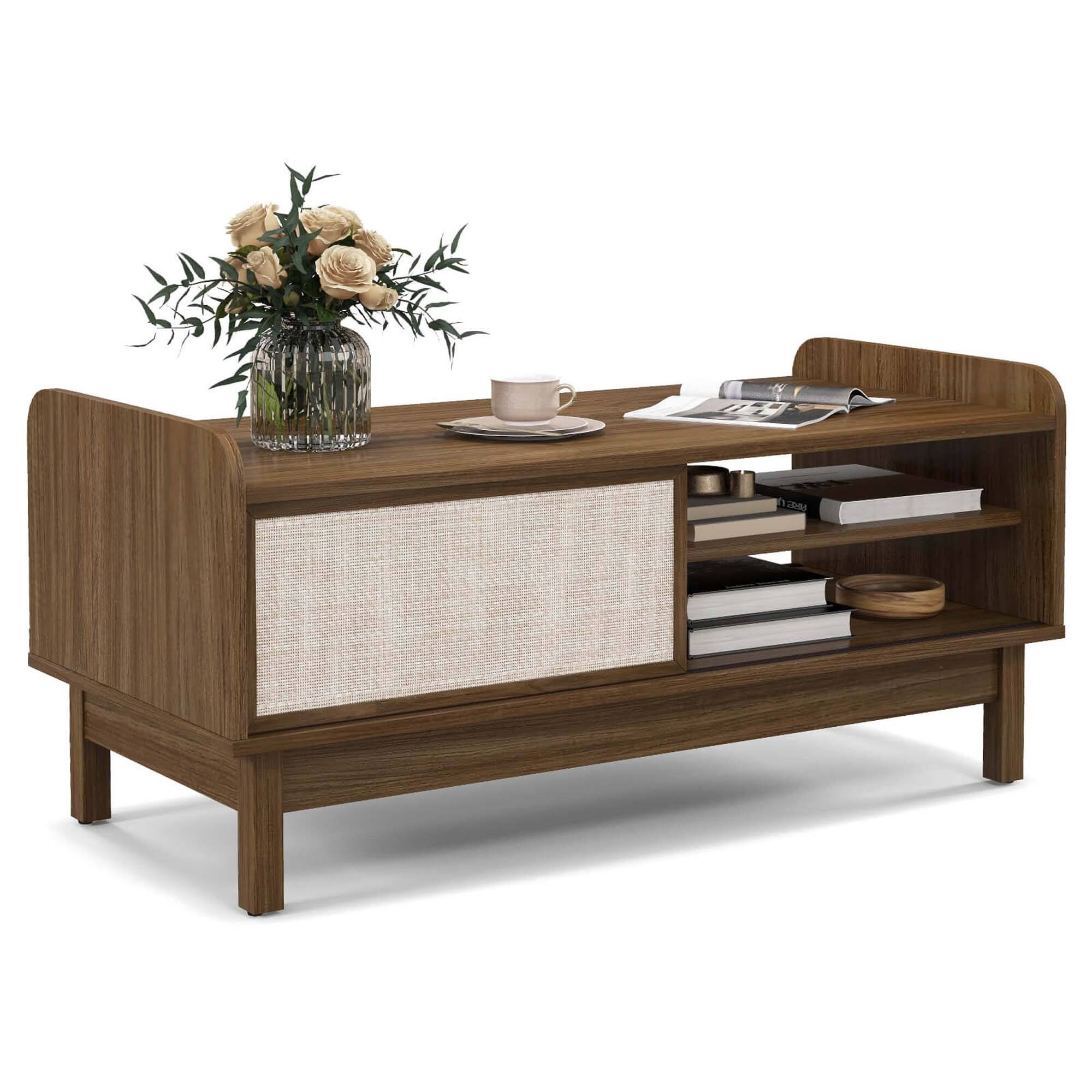 Costway - Rectangular Coffee Table with Storage Weaving Sliding Door & Adjustable Shelf - Walnut