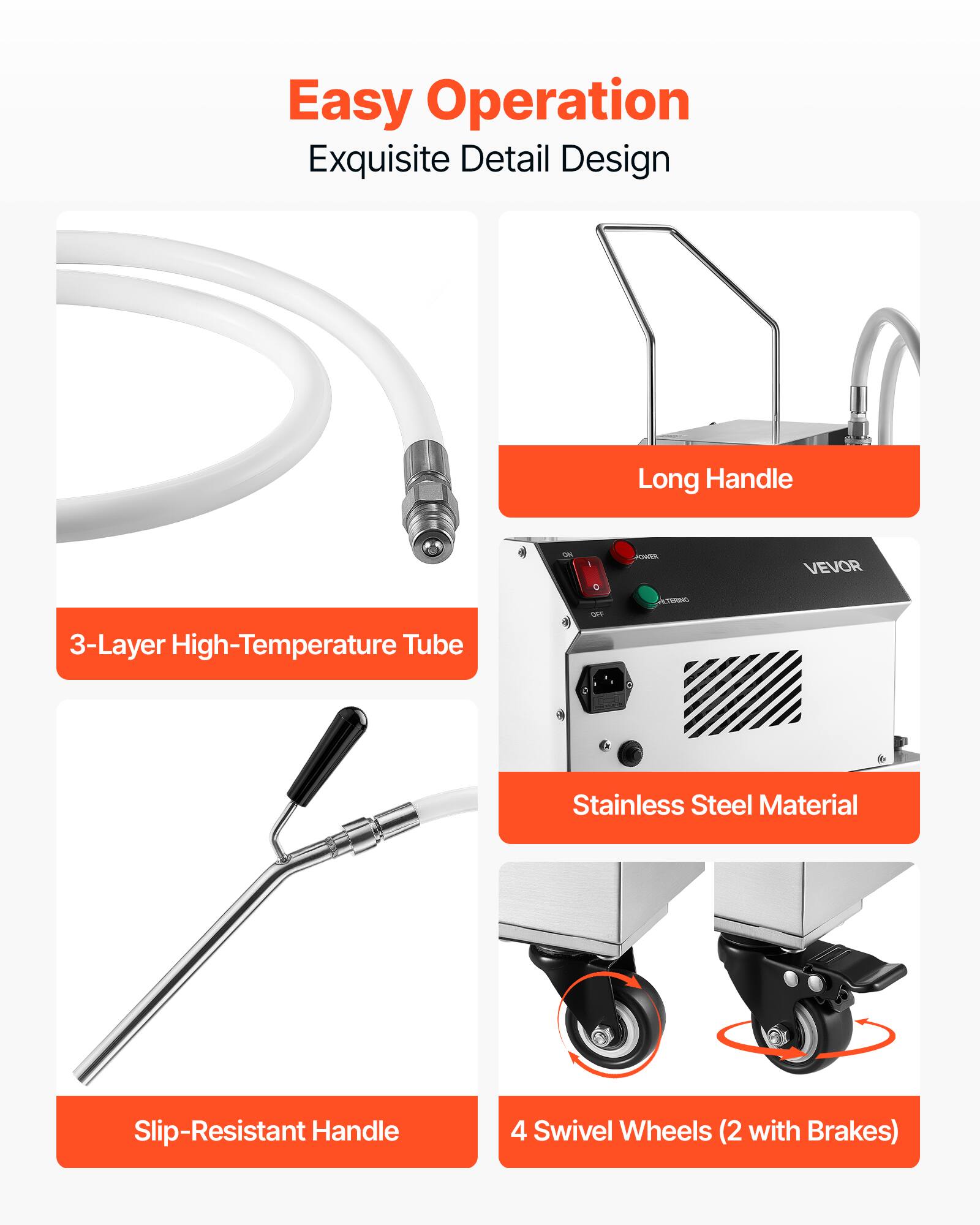 Easy Operation Exquisite Detail Design Long Handle -- 3-Layer High-Temperature Tube Stainless Steel Material Slip-Resistant Handle 4 Swivel Wheels (2 with Brakes)