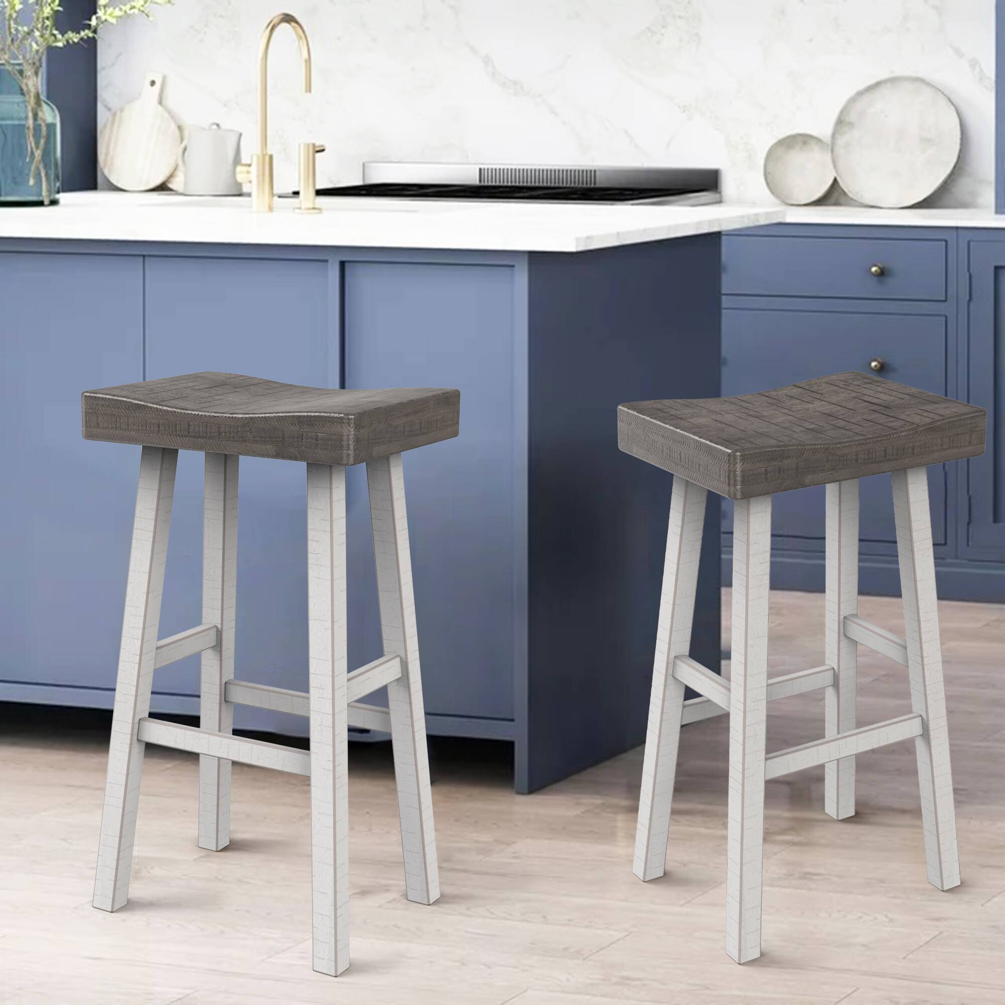 Angle. Vaczon - Modern 29 Inch Bar Stools Set of 2, Solid Wood Base, Contour Seat for Kitchen Counter Bar - White.