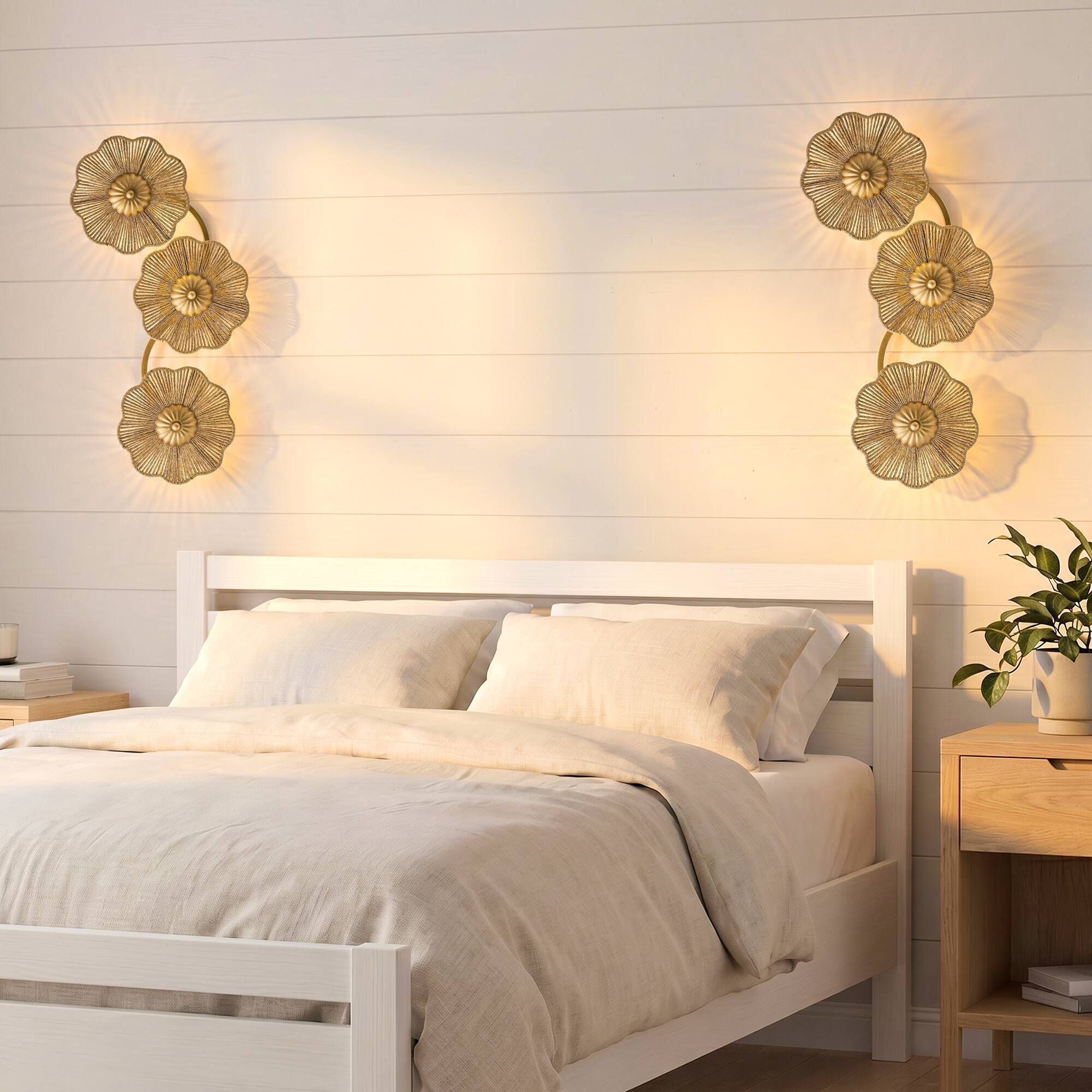 Angle. Parrot Uncle - Antique Gold Modern Farmhouse Hand-Woven Raffia Rope Three Flower-Shaped LED Wall Lamp - Gold.