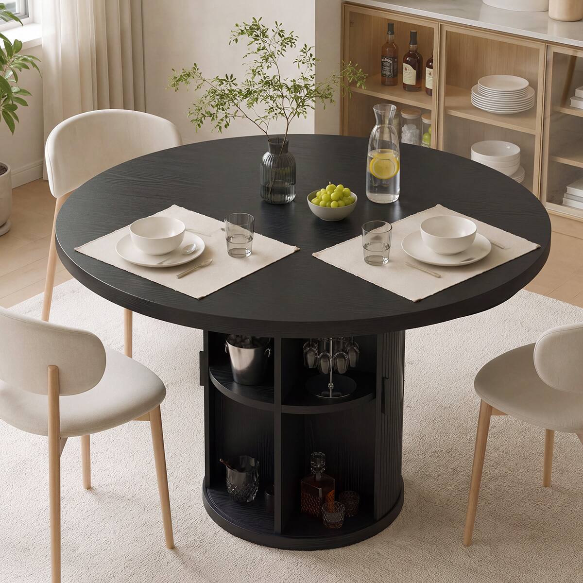 Left. Dyonery - 35.5" Round Dining Table with Storage Shelf, Modern Fluted Kitchen Table for Small Space - Black.