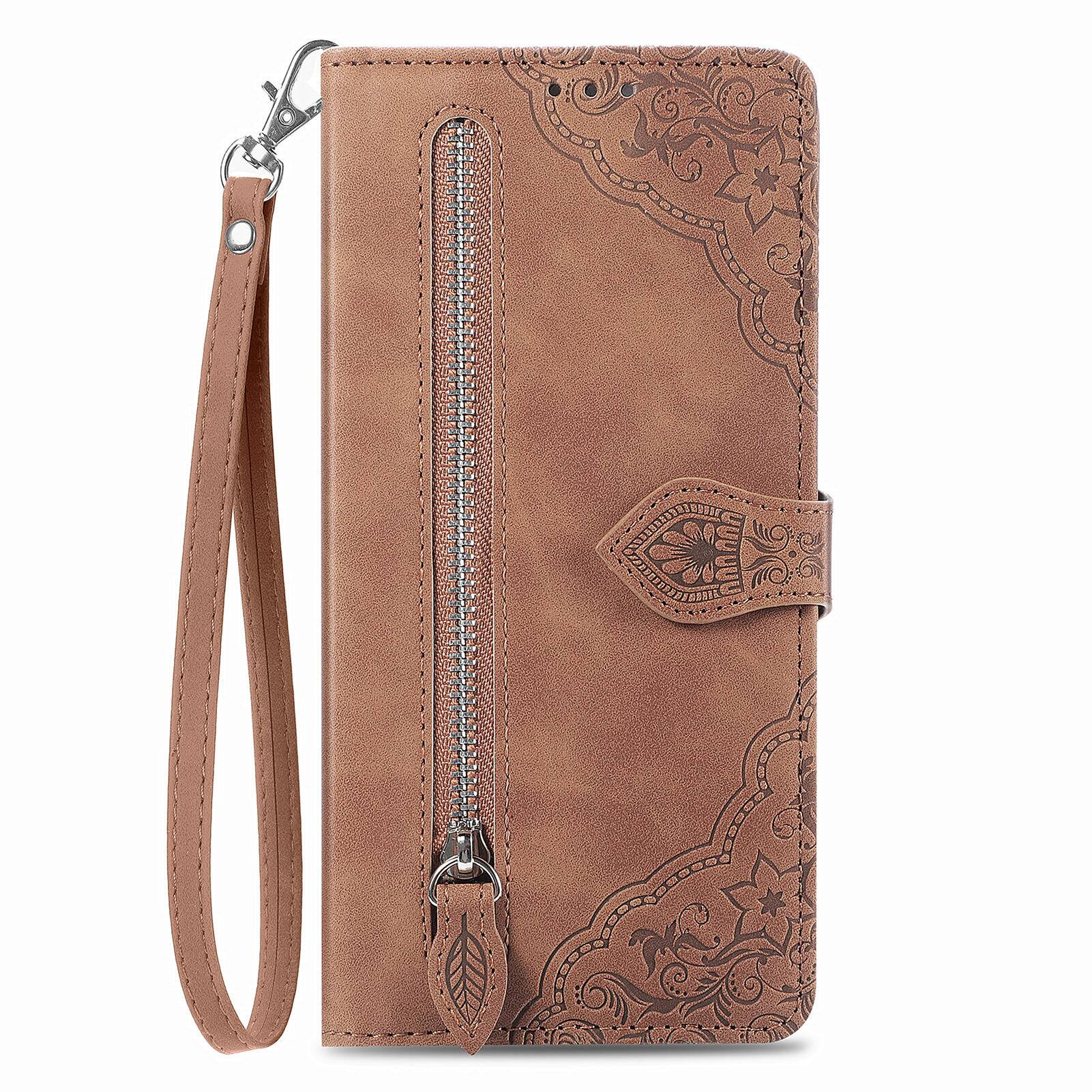 Left. Dteck - for Motorola G 5G (2025) Wallet Case,Folio Shockproof PU Leather Card Holder Cover with Zipper Pocket & Wrist Strap - Brown.