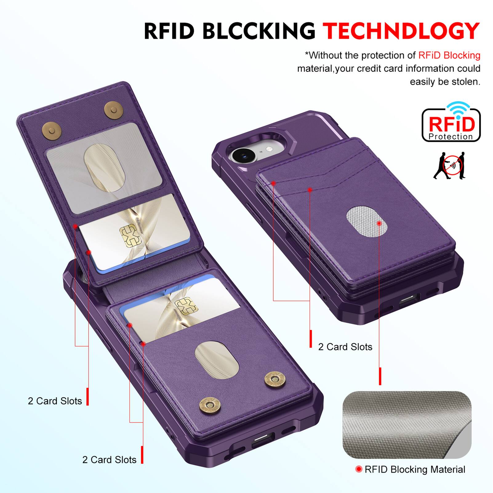 RFID BLOCKING TECHNOLOGY

*Without the protection of RFID Blocking material, your credit card information could easily be stolen.

RFID Protection

2 Card Slots

2 Card Slots

2 Card Slots

RFID Blocking Material