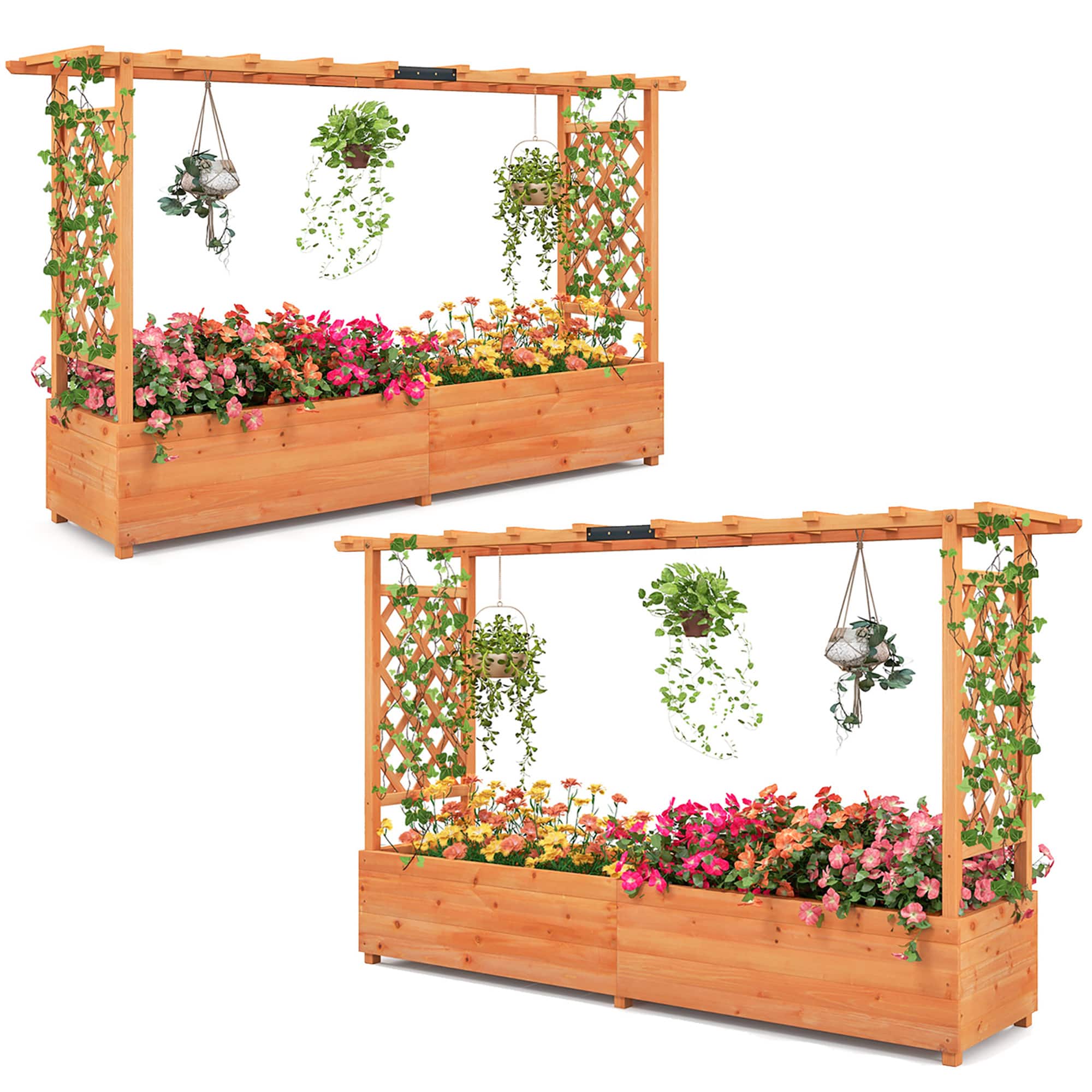 Gymax - Raised Garden Bed w/ 2-Sided Trellis & Hanging Roof Fir Wood Planter Box w/ Drainage Holes - Orange