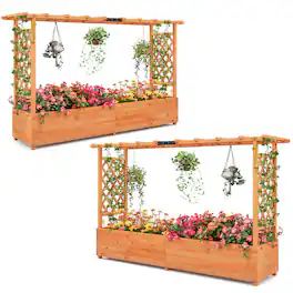 Gymax - Raised Garden Bed w/ 2-Sided Trellis & Hanging Roof Fir Wood Planter Box w/ Drainage Holes - Orange