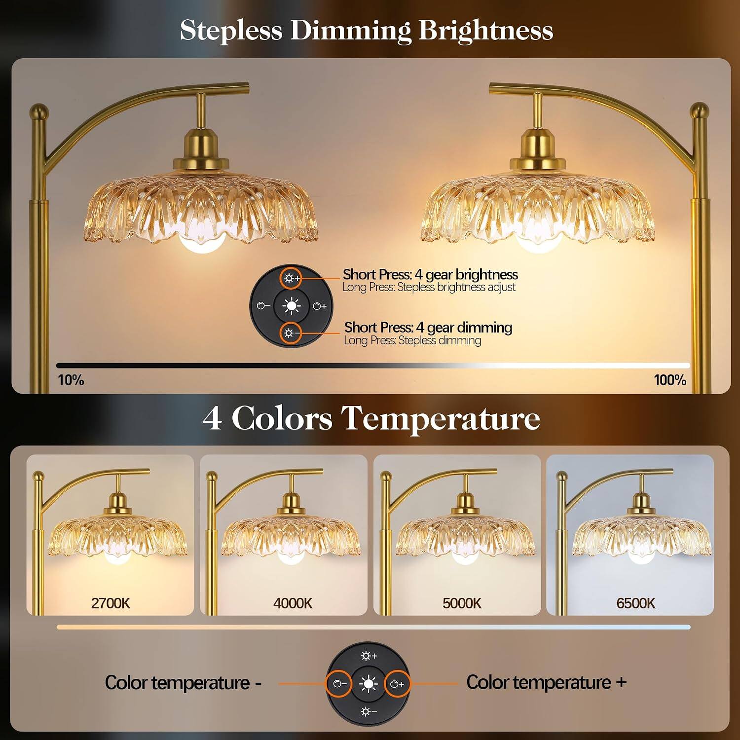 Stepless Dimming Brightness

Short Press: 4 gear brightness  
Long Press: Stepless brightness adjust

Short Press: 4 gear dimming  
Long Press: Stepless dimming

10%  
100%

4 Colors Temperature

2700K  
4000K  
5000K  
6500K

Color temperature -  
Color temperature +