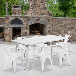 Emma + Oliver - Commercial Grade Rectangular Metal Indoor-Outdoor Table Set with 6 Arm Chairs - White