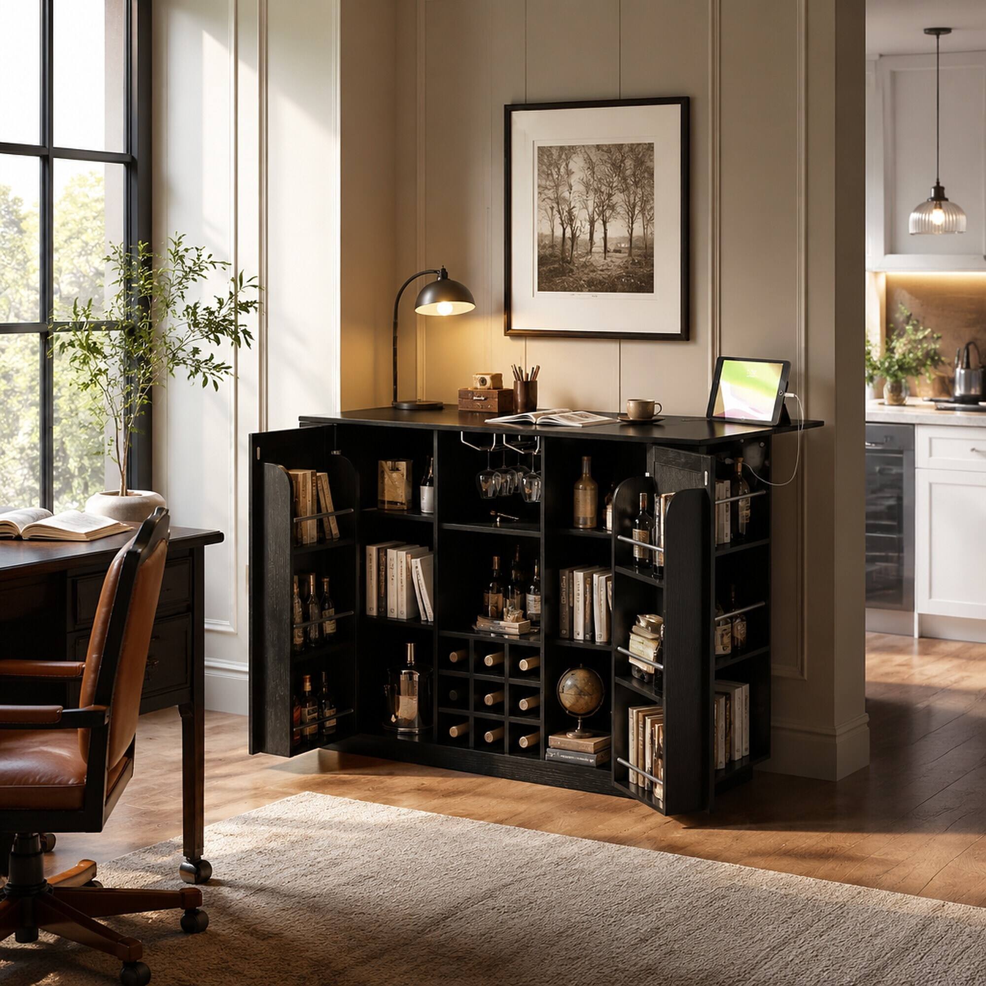 Left. RYHNUYNE - Freestanding 47.2 Inch Counter Height Table with Power Outlet, Foldable Top and Wine Rack, Sideboard Cabinet - Black.