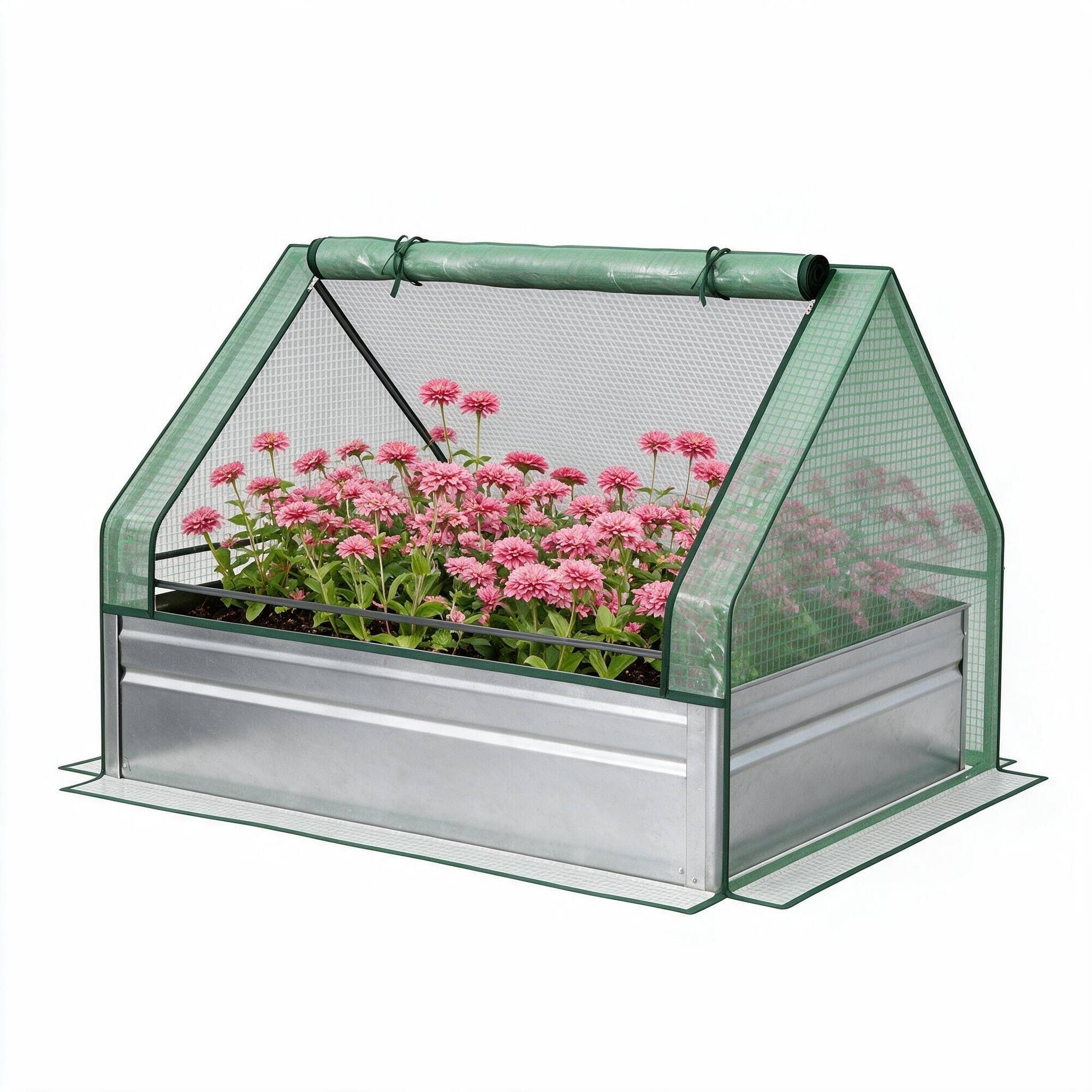 Front. RYHNUYNE - Raised Garden Bed with Mini Greenhouse, Galvanized Steel Planter Box with Cover for Herbs and Vegetables, Outdoor - Green.