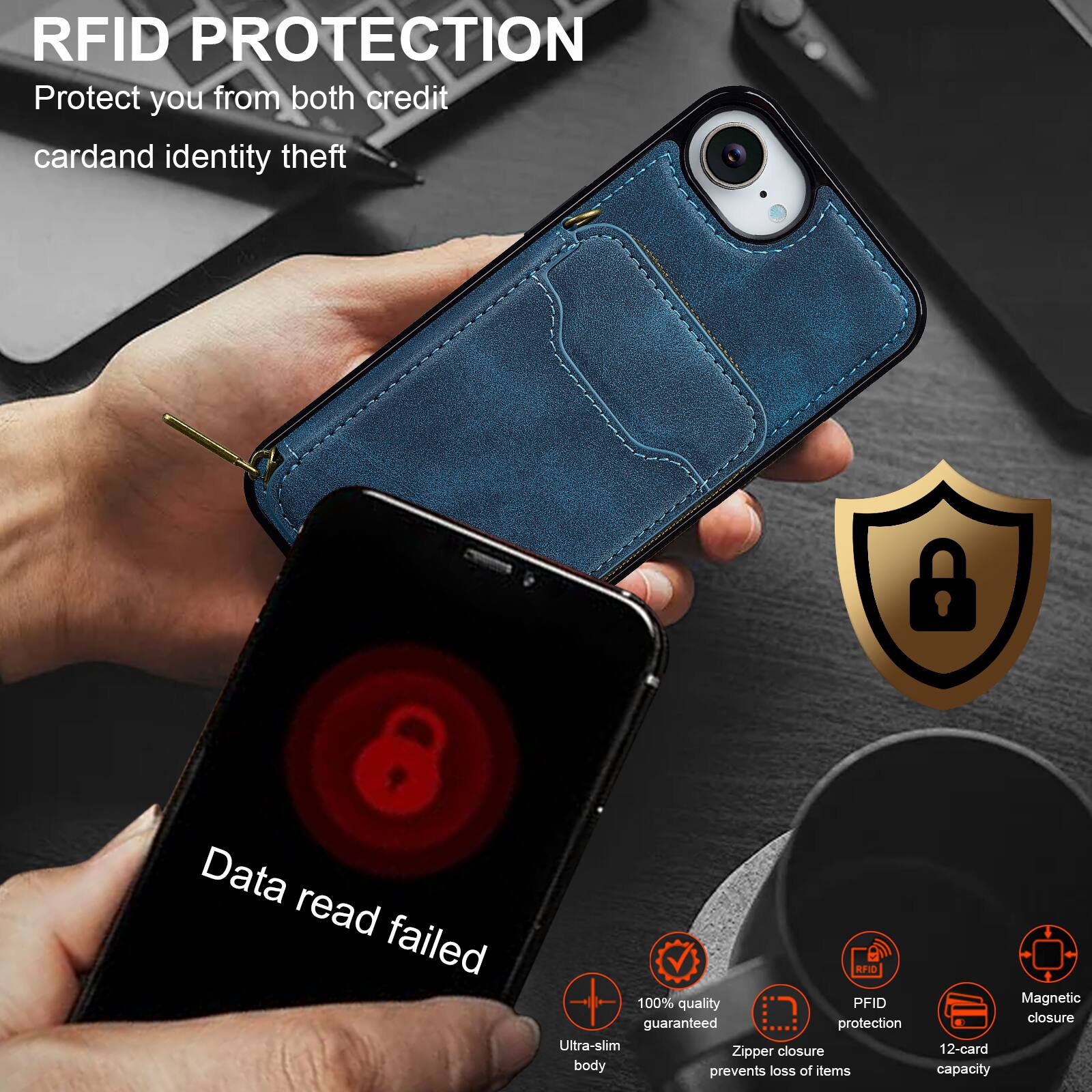 RFID PROTECTION  
Protect you from both credit card and identity theft  

Data read failed  

100% quality guaranteed protection  
Ultra-slim closure  
Zipper body prevents loss of items  
Magnetic closure  
12-card capacity  

RFID PROTECTION  
Protect you from both credit card and identity theft