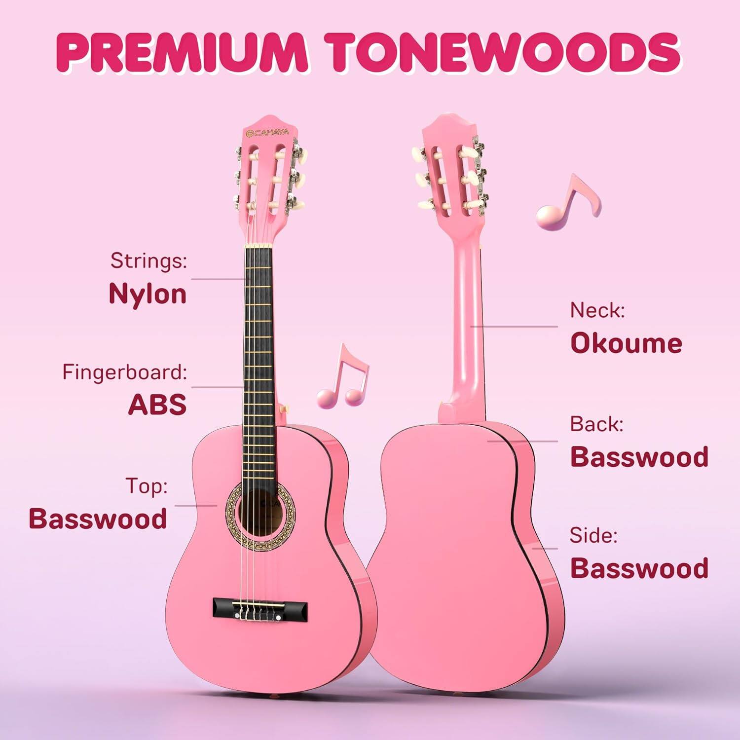 PREMIUM TONEWOODS

Strings: Nylon  
Fingerboard: ABS  
Top: Basswood  
Neck: Okoume  
Back: Basswood  
Side: Basswood
