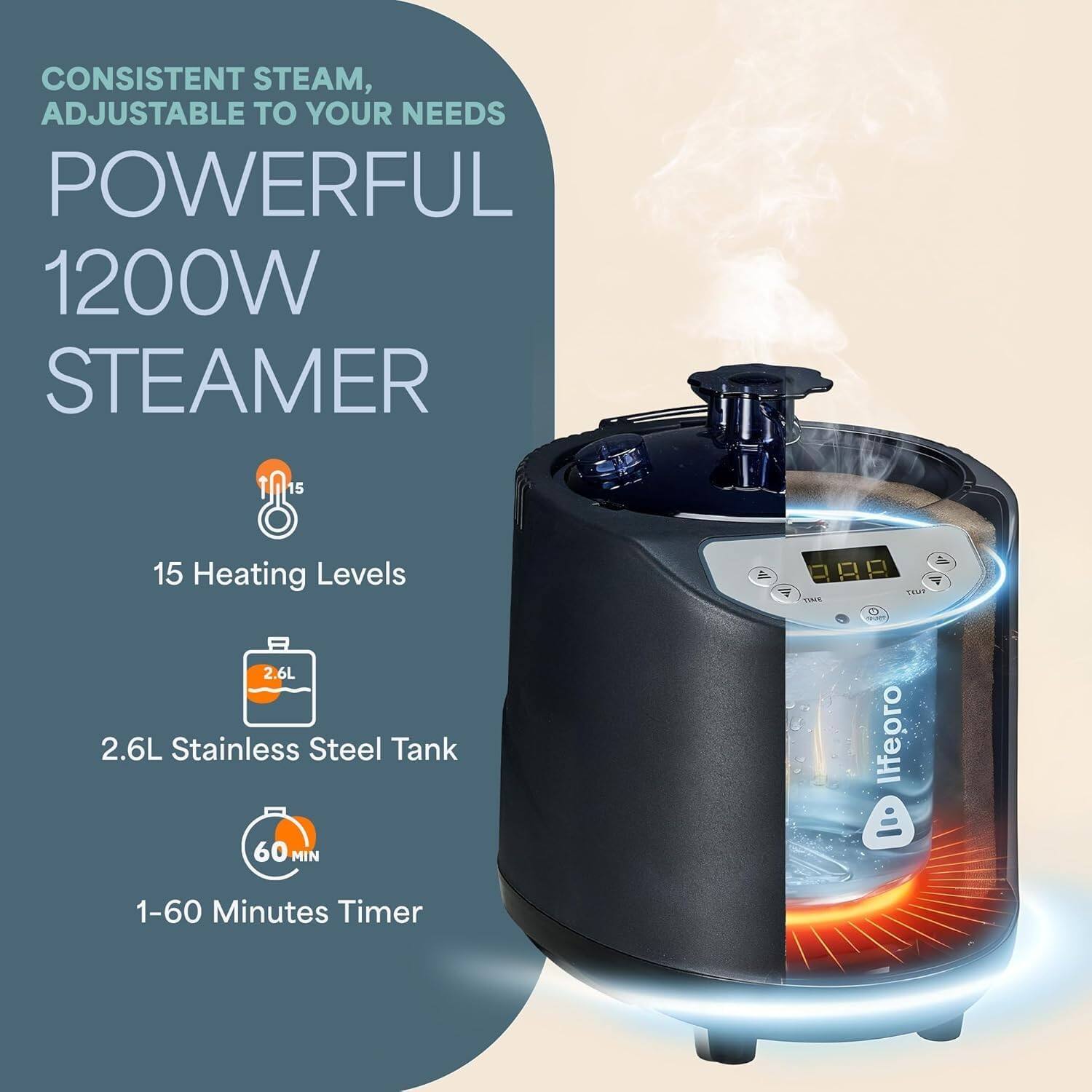 CONSISTENT STEAM, ADJUSTABLE TO YOUR NEEDS  
POWERFUL 1200W STEAMER  
15 Heating Levels  
2.6L Stainless Steel Tank  
1-60 Minutes Timer