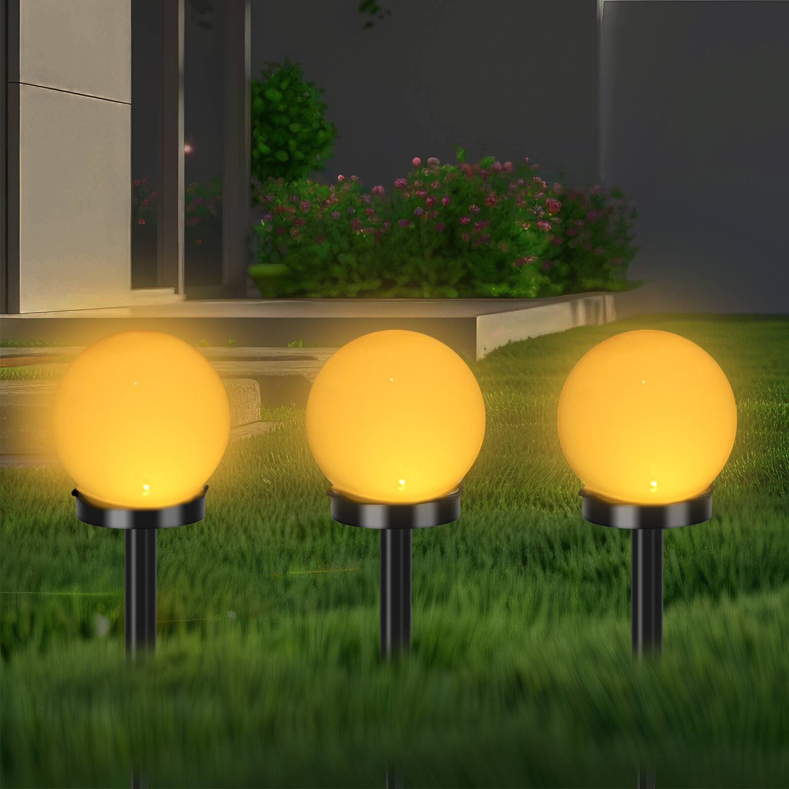 Left. Oumilen - 4-Pack Solar Globe Stake Lights 3.94In Warm White LED Outdoor Garden Ball Lights.