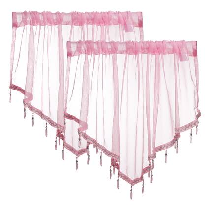 Front. Unique Bargains - 2pcs Window Valance Curtains, 51x24 Inch, Beaded Triangle, Light Filtering Sheer for Bedroom Bathroom Living Room - Light Pink.