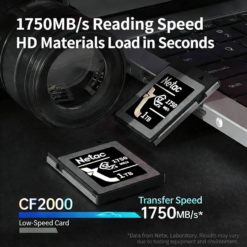 1750MB/s Reading Speed  
HD Materials Load in Seconds  

Netac SF 1750  
1TB  
1750MB/s*  

CF2000  
Low-Speed Card  

Transfer Speed  
1750MB/s*  

*Data from Netac Laboratory. Results may vary due to testing equipment and environment.