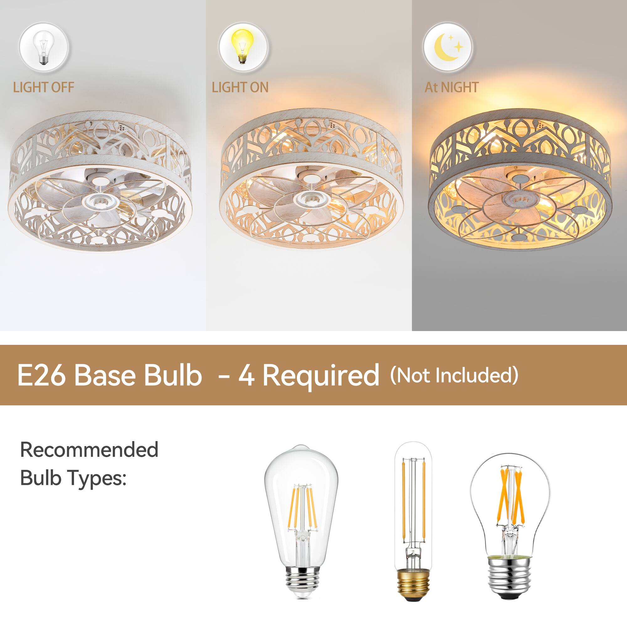 LIGHT OFF LIGHT ON At NIGHT

E26 Base Bulb - 4 Required (Not Included)

Recommended Bulb Types: