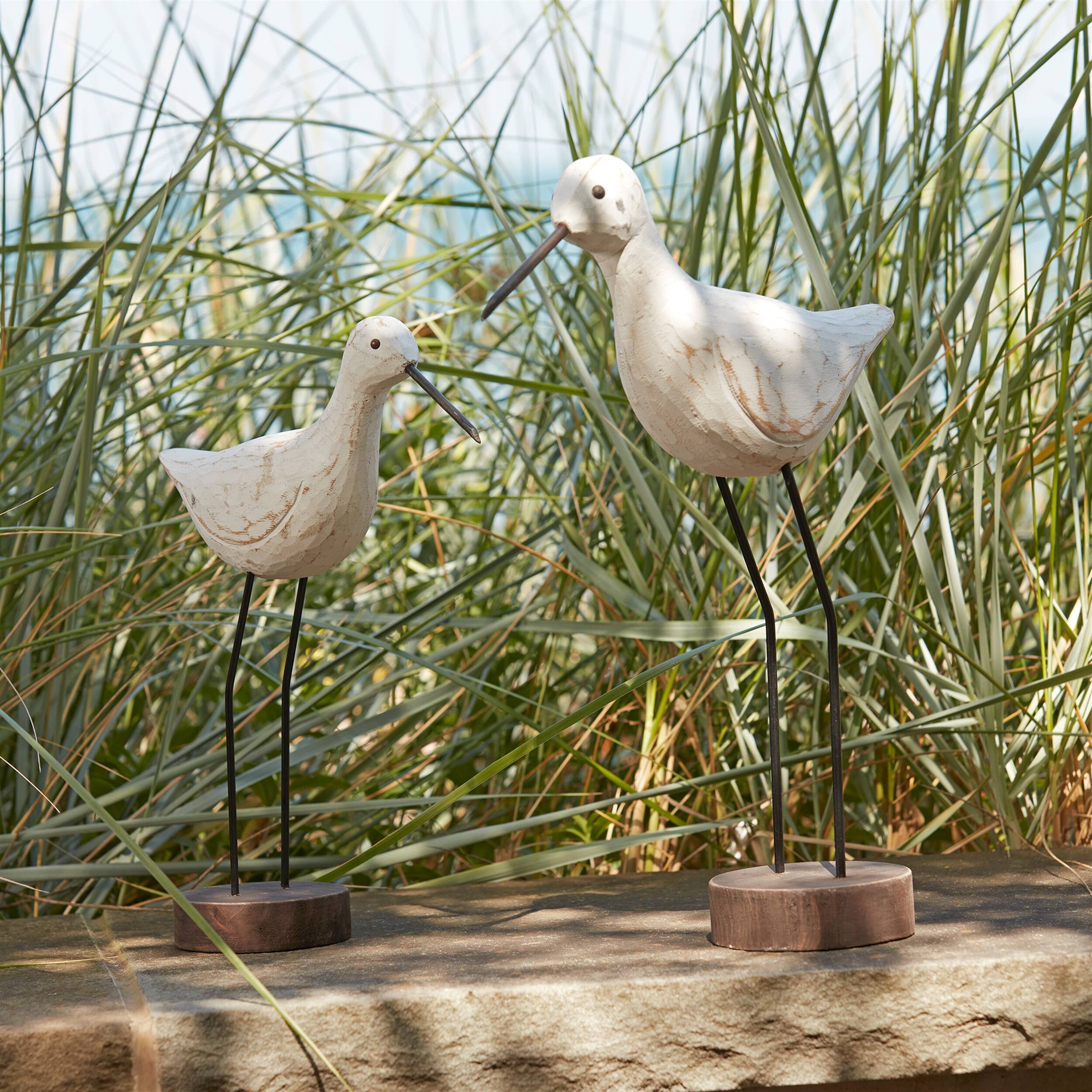 Alt View 2. BreeBe - Carved Wood Sea Bird with Metal Stand (Set of 2) - White, Brown.