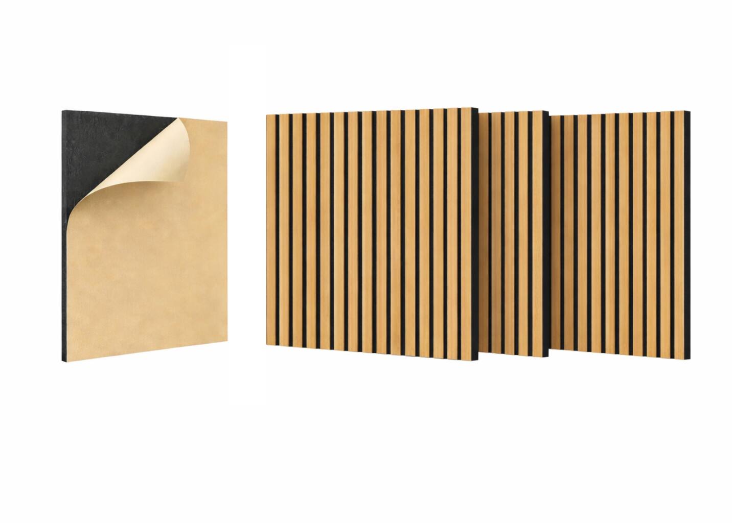 Front. Mondawe - 4PCS Wooden Strip Acoustic Boards,3D Groove Sound-Absorbing Design, Three-Side Wrapping Craft, Adhesive - Walnut.
