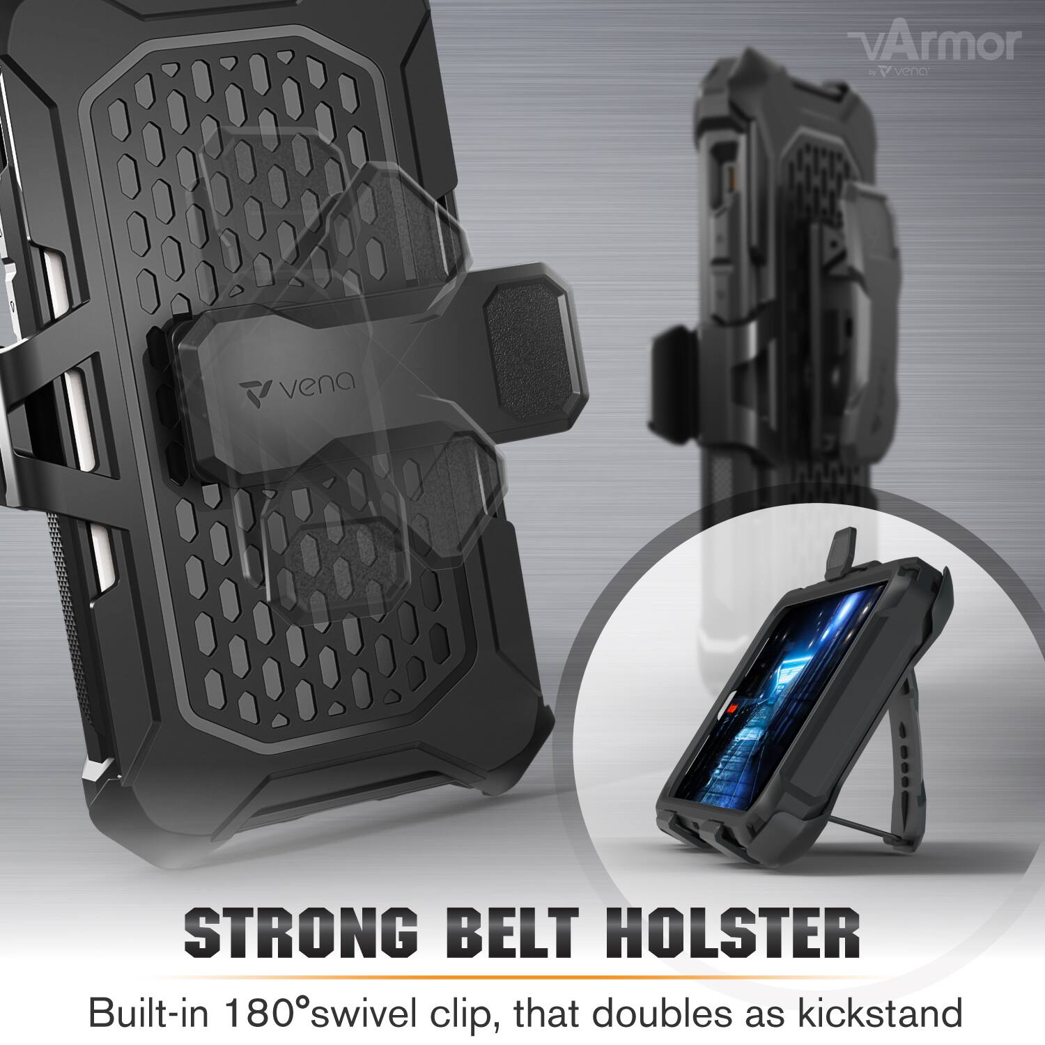 vArmor by Vena STRONG BELT HOLSTER Built-in 180° swivel clip, that doubles as kickstand