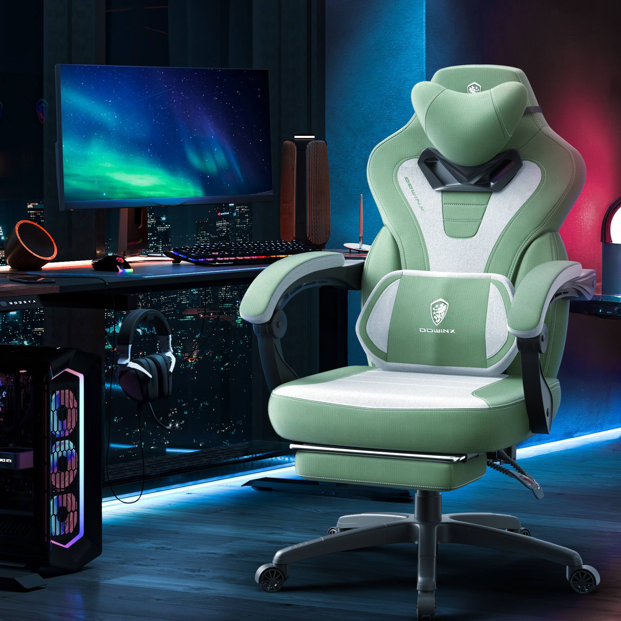 Alt View 3. Dowinx - Gaming Chair Fabric Breathable, Ergonomic Office Chair with Adjustable Headrest and Massage Lumbar Support - Green.