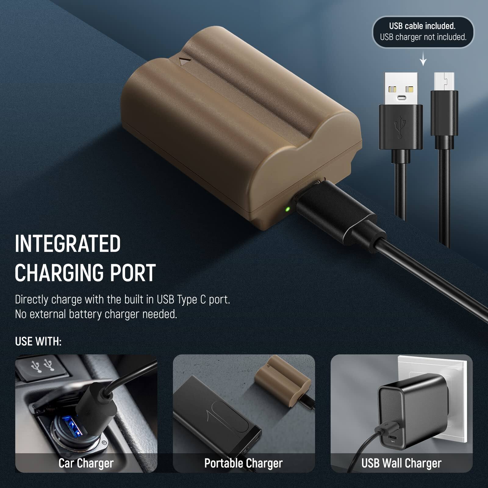 USB cable included. USB charger not included.  
INTEGRATED CHARGING PORT  
Directly charge with the built-in USB Type C port. No external battery charger needed.  
USE WITH:  
Car Charger  
Portable Charger  
USB Wall Charger