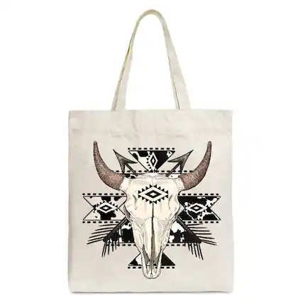 Front. OrnamentallyYou - Aztec Tribal Bull Skull Canvas Tote Bag, Western Boho Gift Shopper - Beige.