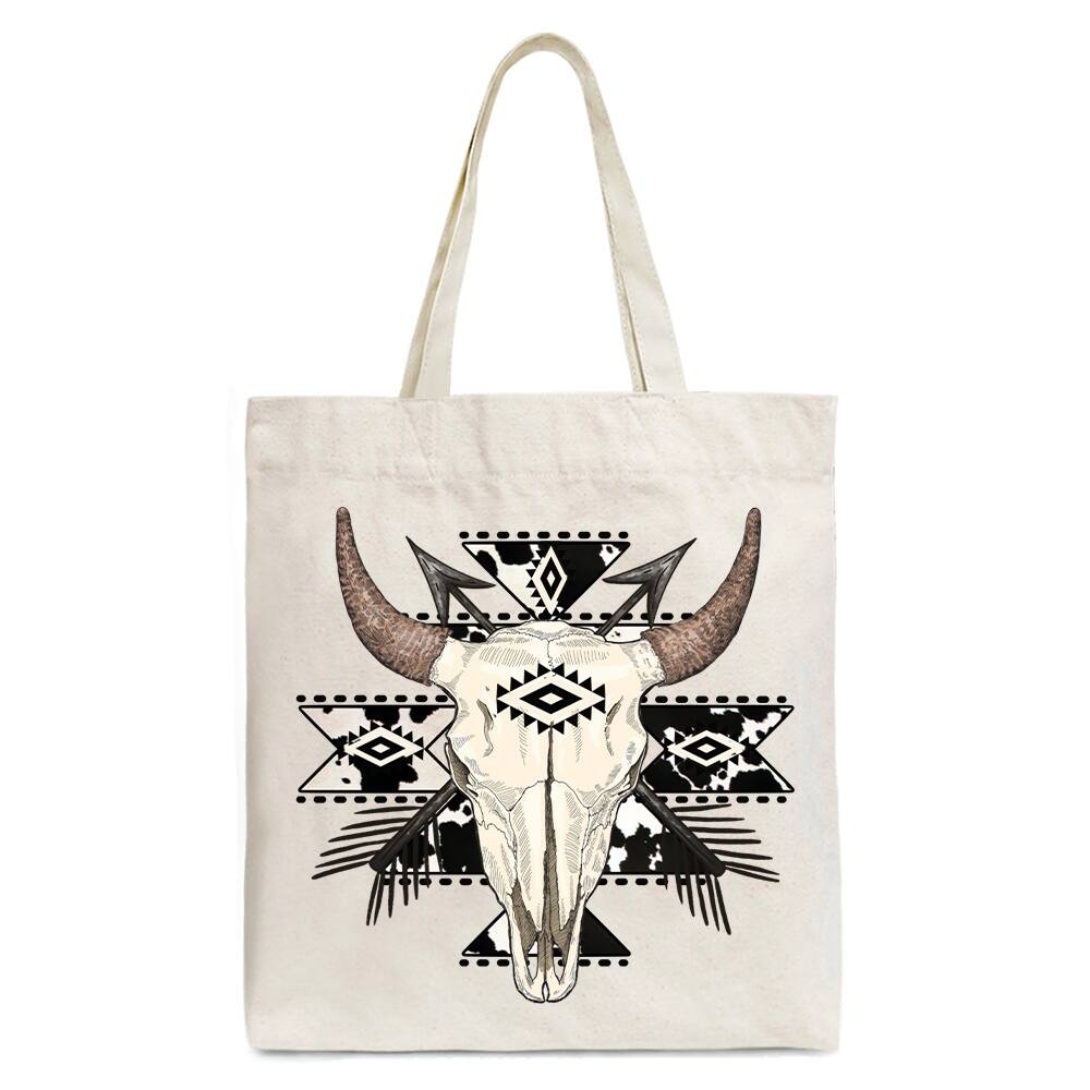 Front. OrnamentallyYou - Aztec Tribal Bull Skull Canvas Tote Bag, Western Boho Gift Shopper - Beige.