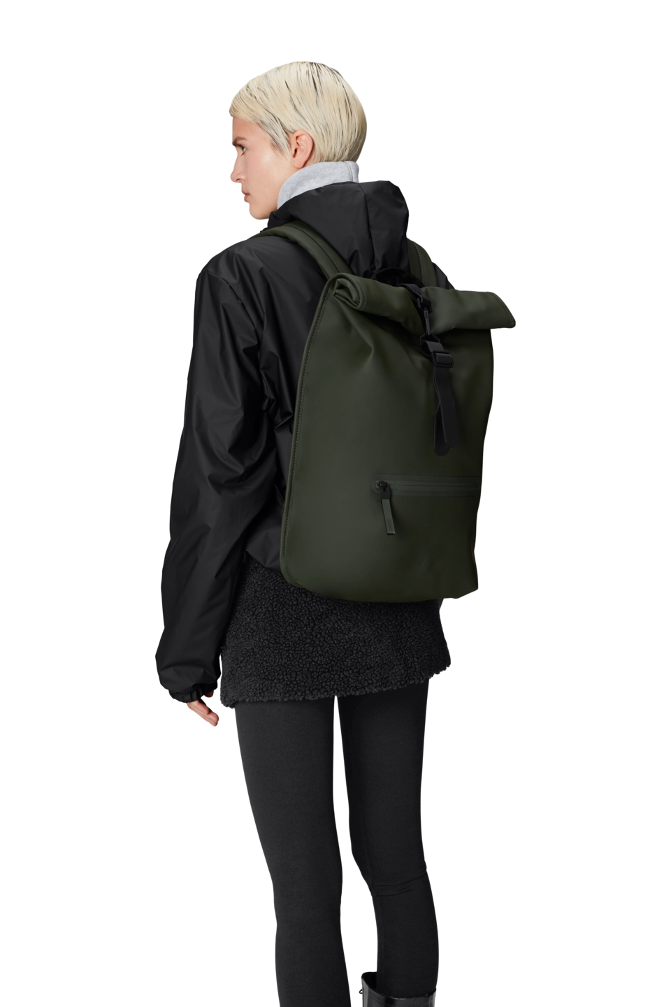Left. RAINS - Rolltop Rucksack - Green.