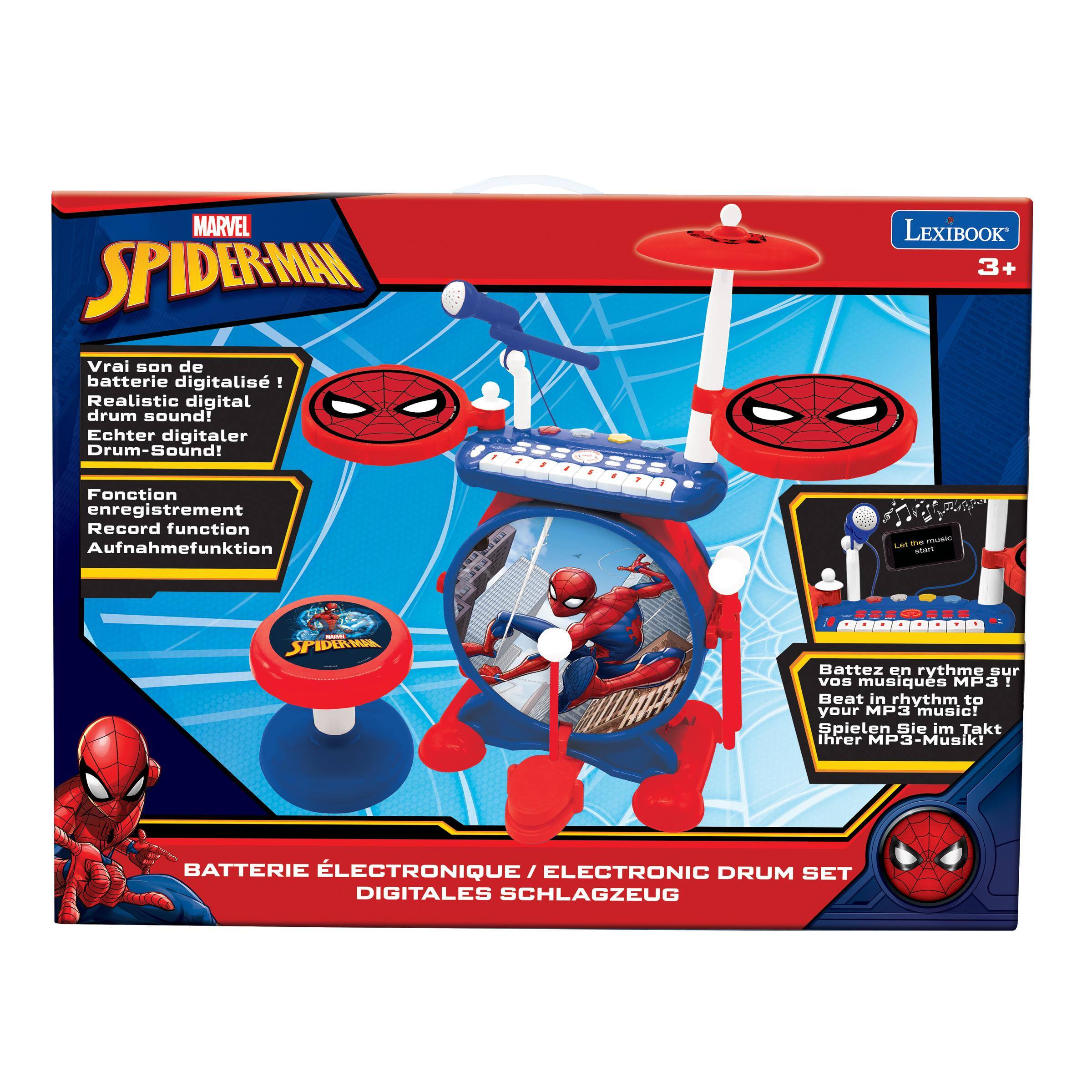 MARVEL SPIDER-MAN  
Vrai son de batterie digitalisé!  
Realistic digital drum sound!  
Echter digitaler Drum-Sound!  

LEXIBOOK 3+  
Fonction enregistrement  
Record function  
Aufnahmefunktion  

Let the music start  
SPIDER-MAN  
Battez en rythme sur vos musiques MP3!  
Beat in rhythm to your MP3 music!  
Spielen Sie im Takt Ihrer MP3-Musik!  

BATTERIE ÉLECTRONIQUE / ELECTRONIC DRUM SET  
DIGITALES SCHLAGZEUG