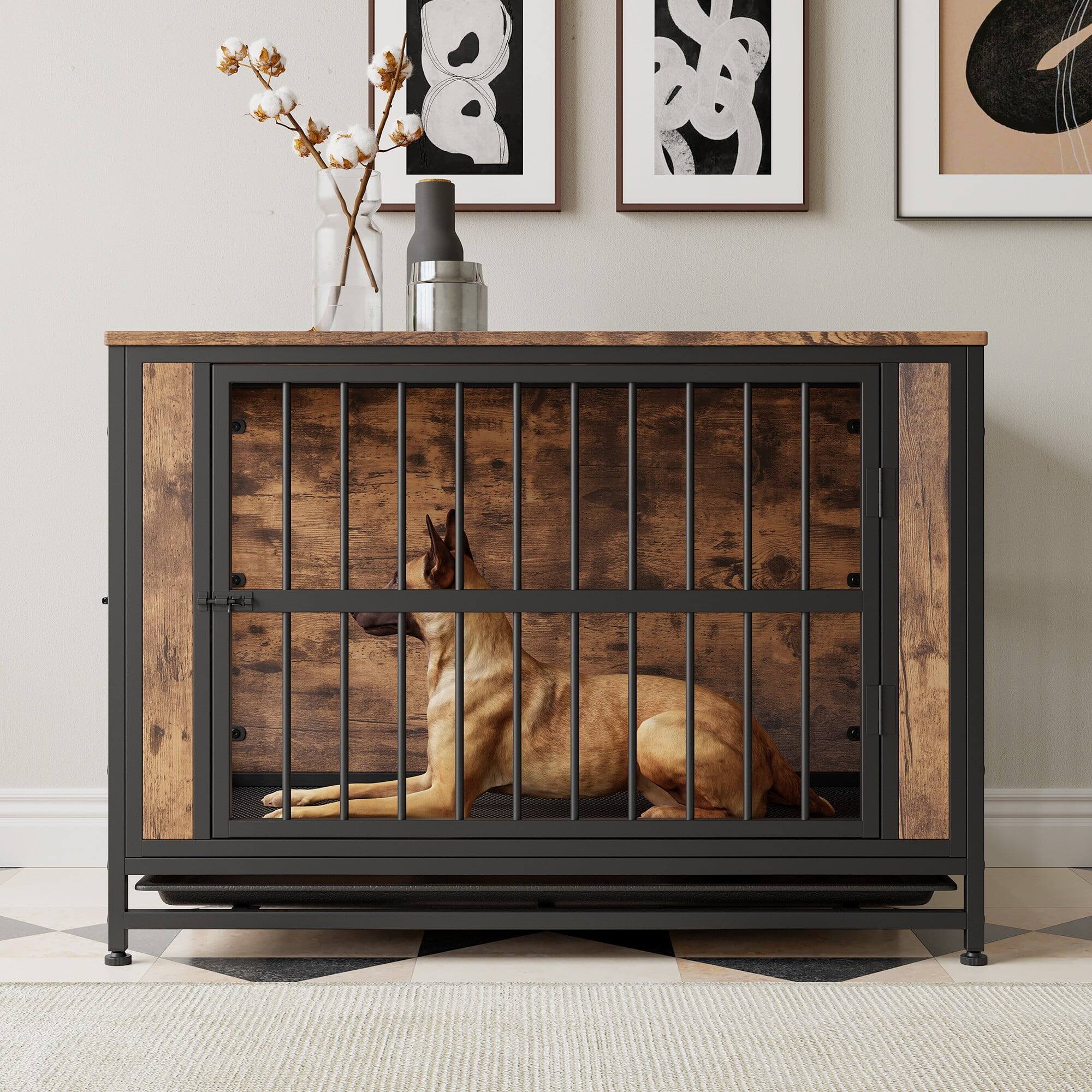 Alt View 1. Pefilos - 38" Dog Crate Furniture, Wooden Dog Kennel with 2 Sliding Doors and Thick Iron Door Frame, Dog Cage for Small Dogs.