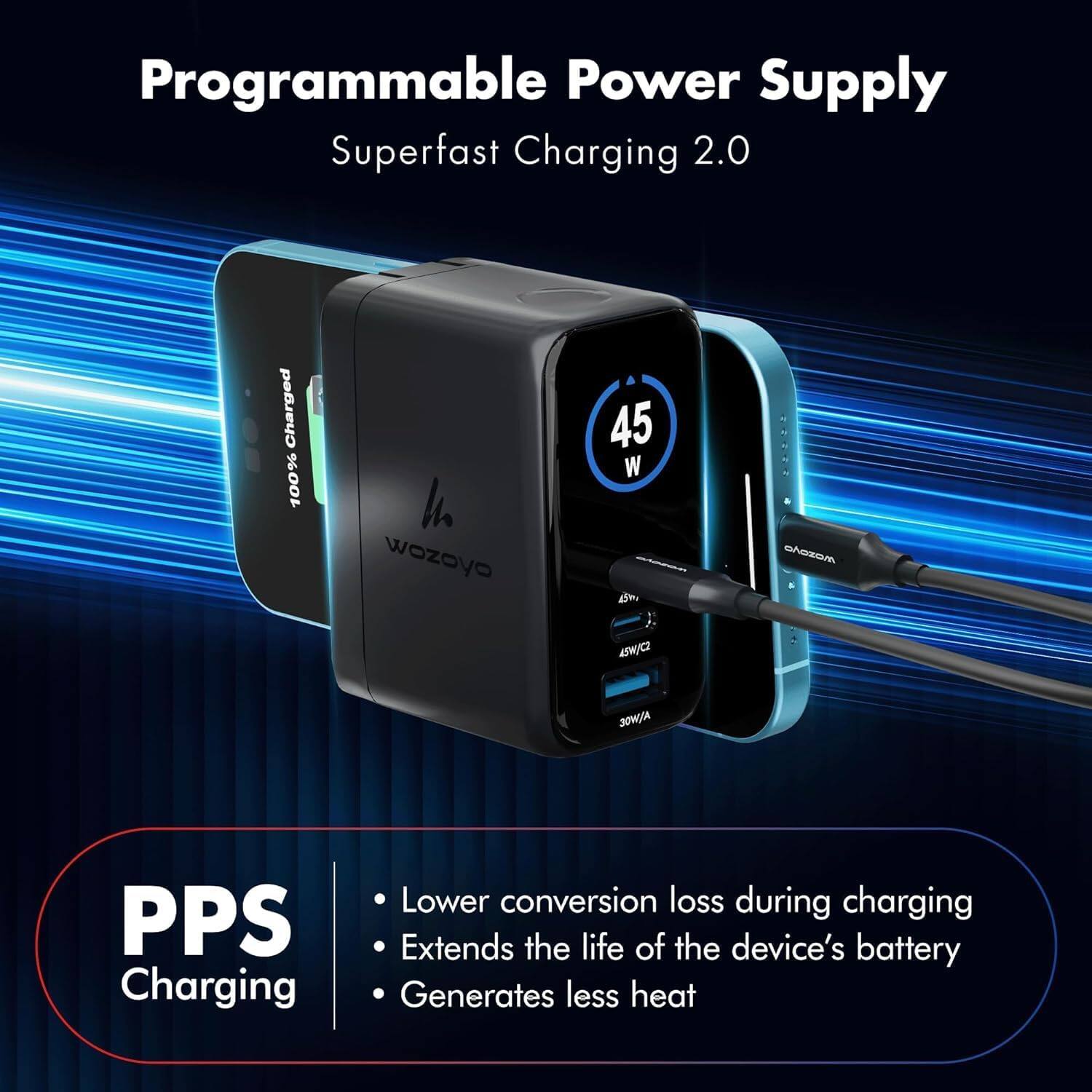 Programmable Power Supply Superfast Charging 2.0

Charged 100%

la wozoyo

45 W 45M/C2

MOSOAO

30W/A

PPS Charging

Lower conversion loss during charging
Extends the life of the device's battery
Generates less heat